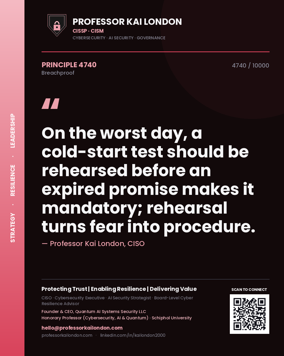 Quote card by Professor Kai London reading 'On the worst day, a cold-start test should be rehearsed before an expired promise makes it mandatory; rehearsal turns fear into procedure.'. From the book Breachproof.