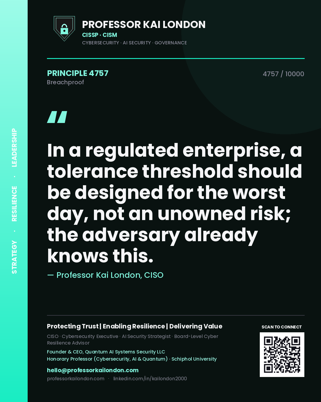 Quote card by Professor Kai London reading 'In a regulated enterprise, a tolerance threshold should be designed for the worst day, not an unowned risk; the adversary already knows this.'. From the book Breachproof.