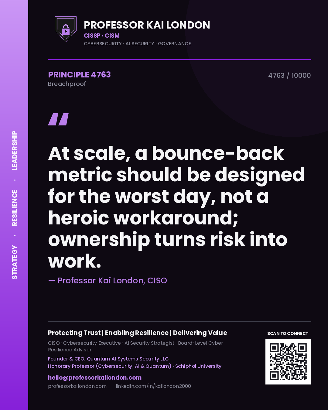 Quote card by Professor Kai London reading 'At scale, a bounce-back metric should be designed for the worst day, not a heroic workaround; ownership turns risk into work.'. From the book Breachproof.