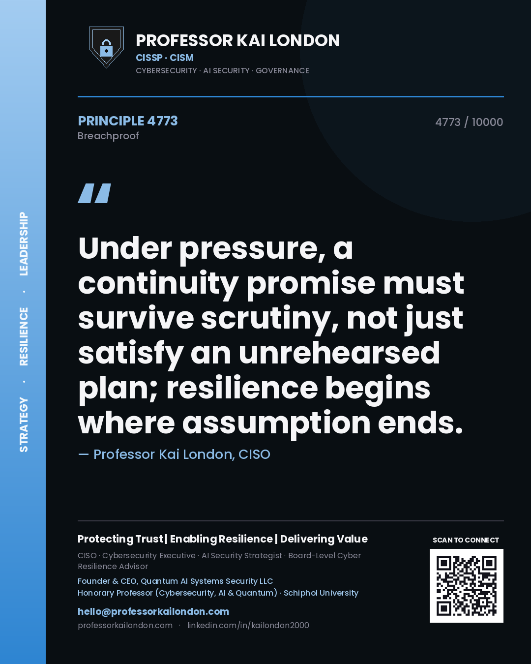Quote card by Professor Kai London reading 'Under pressure, a continuity promise must survive scrutiny, not just satisfy an unrehearsed plan; resilience begins where assumption ends.'. From the book Breachproof.