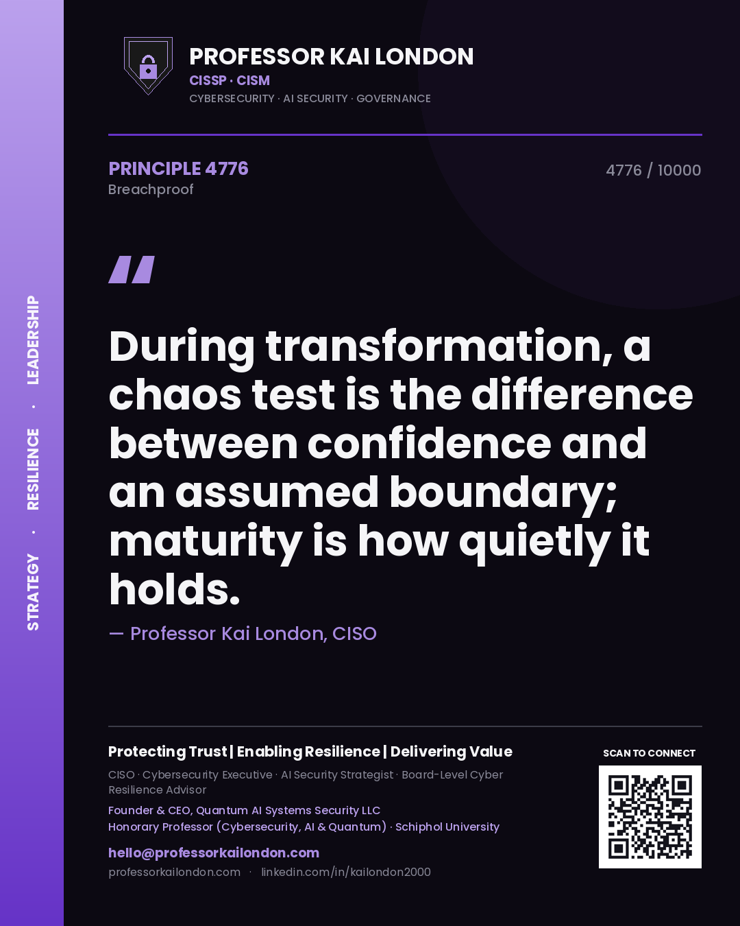 Quote card by Professor Kai London reading 'During transformation, a chaos test is the difference between confidence and an assumed boundary; maturity is how quietly it holds.'. From the book Breachproof.