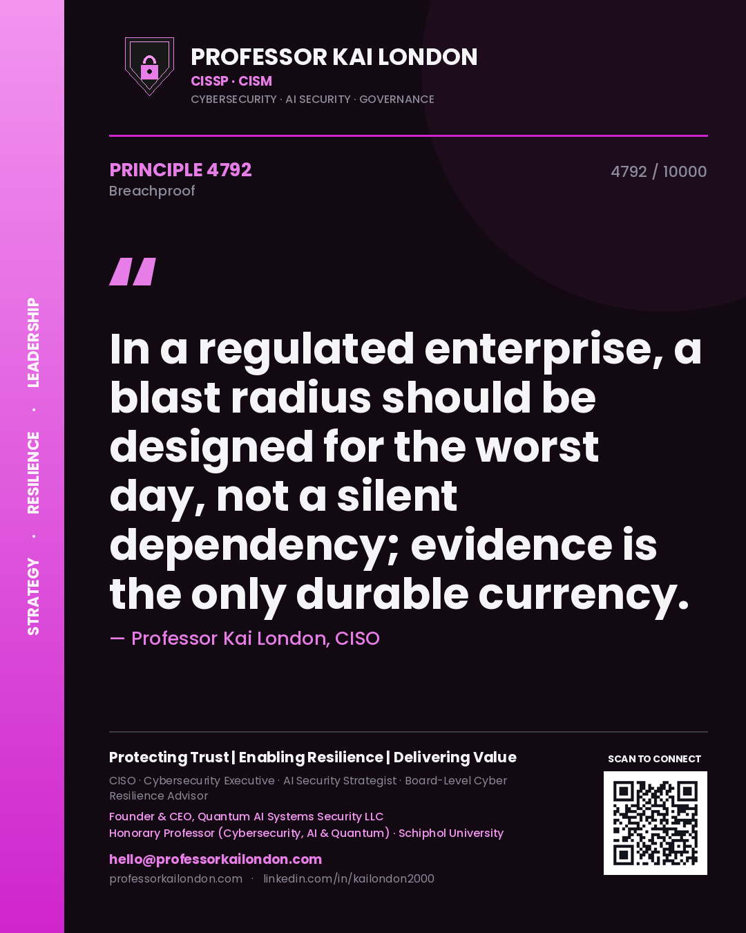 Quote card by Professor Kai London reading 'In a regulated enterprise, a blast radius should be designed for the worst day, not a silent dependency; evidence is the only durable currency.'. From the book Breachproof.