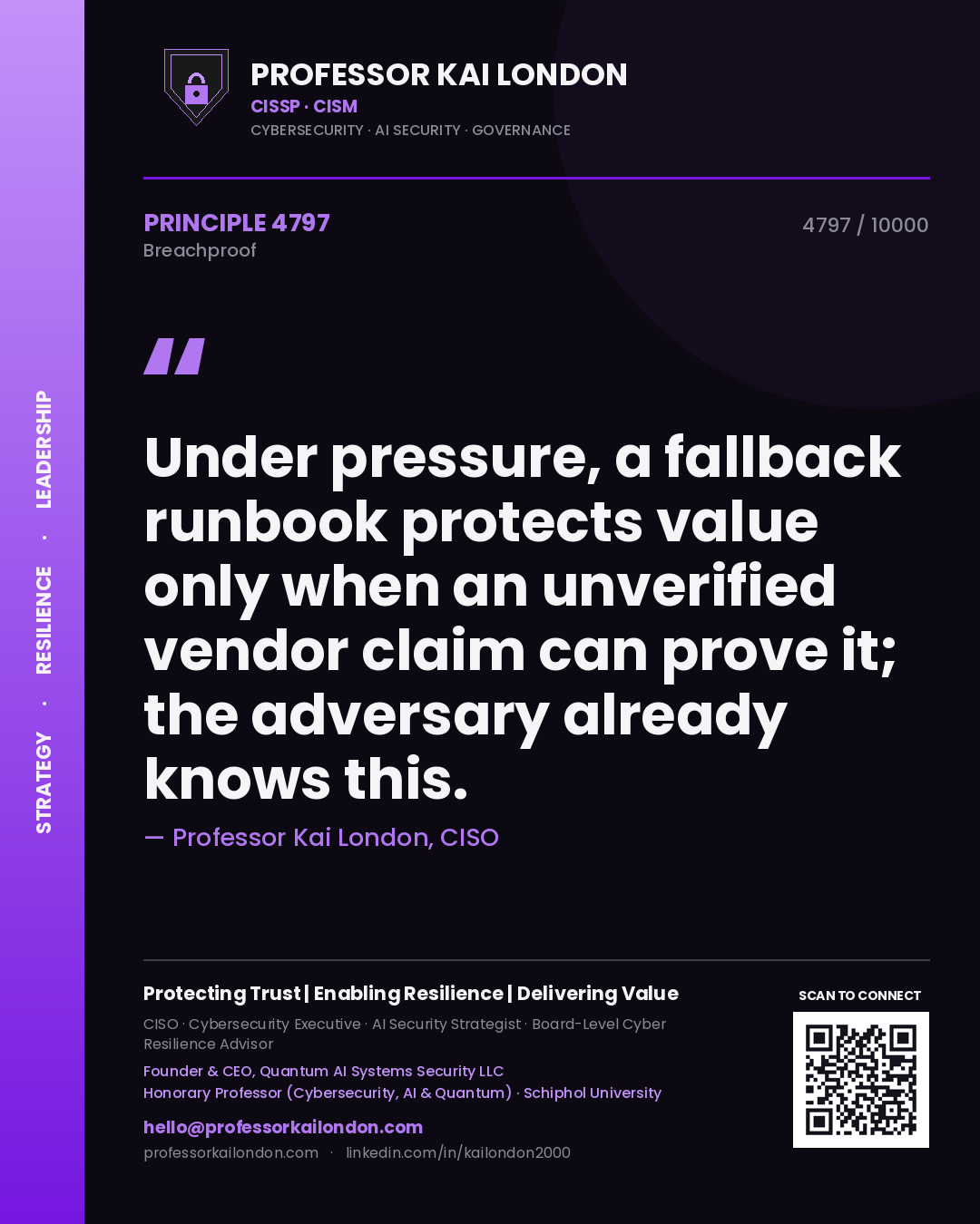 Quote card by Professor Kai London reading 'Under pressure, a fallback runbook protects value only when an unverified vendor claim can prove it; the adversary already knows this.'. From the book Breachproof.