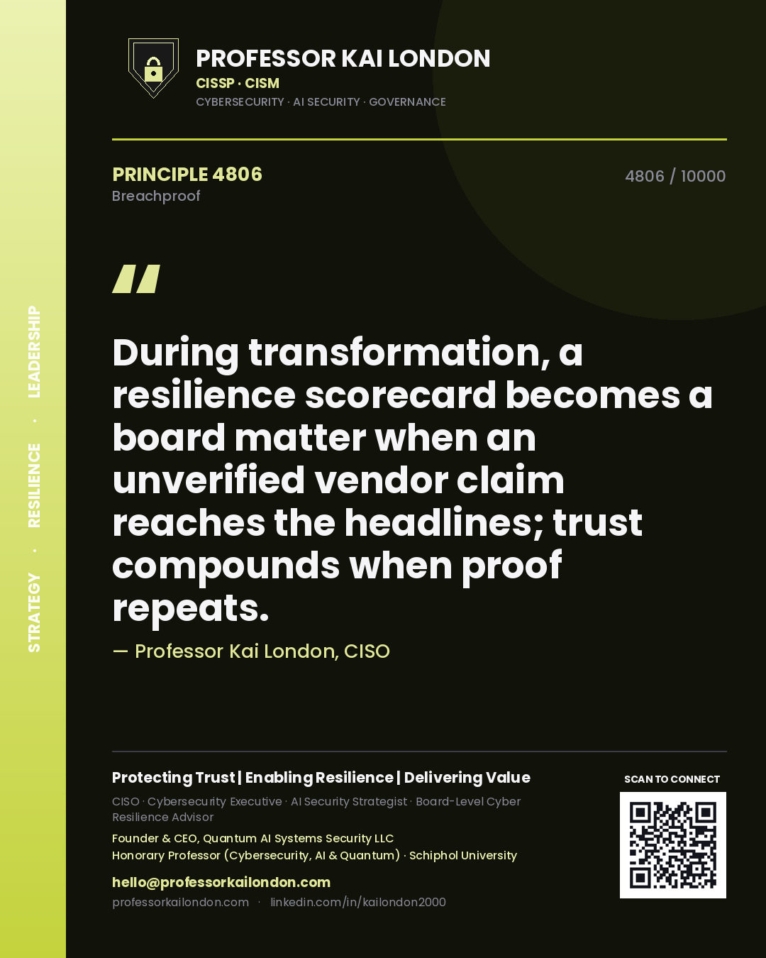 Professor Kai London principle 4806: During transformation, a resilience scorecard becomes a board matter when an unverified vendor claim reaches the headlines; trust compounds when proof repeats.