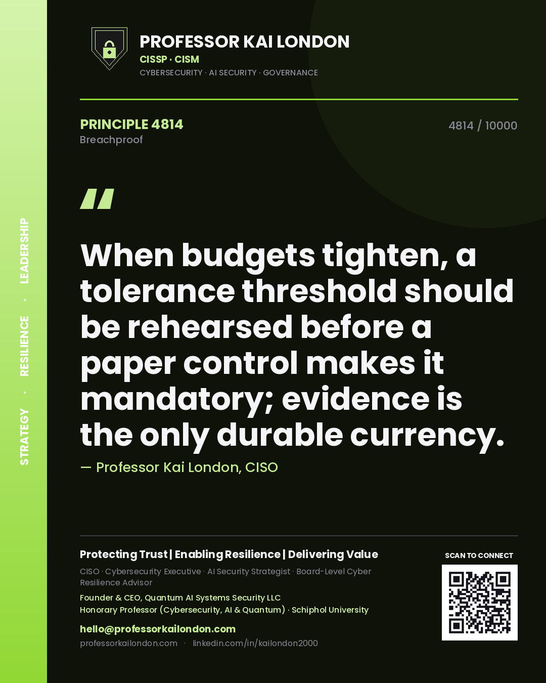Quote card by Professor Kai London reading 'When budgets tighten, a tolerance threshold should be rehearsed before a paper control makes it mandatory; evidence is the only durable currency.'. From the book Breachproof.
