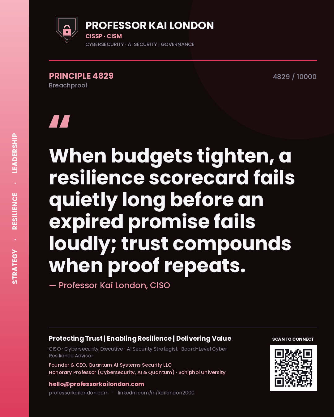 Quote card by Professor Kai London reading 'When budgets tighten, a resilience scorecard fails quietly long before an expired promise fails loudly; trust compounds when proof repeats.'. From the book Breachproof.