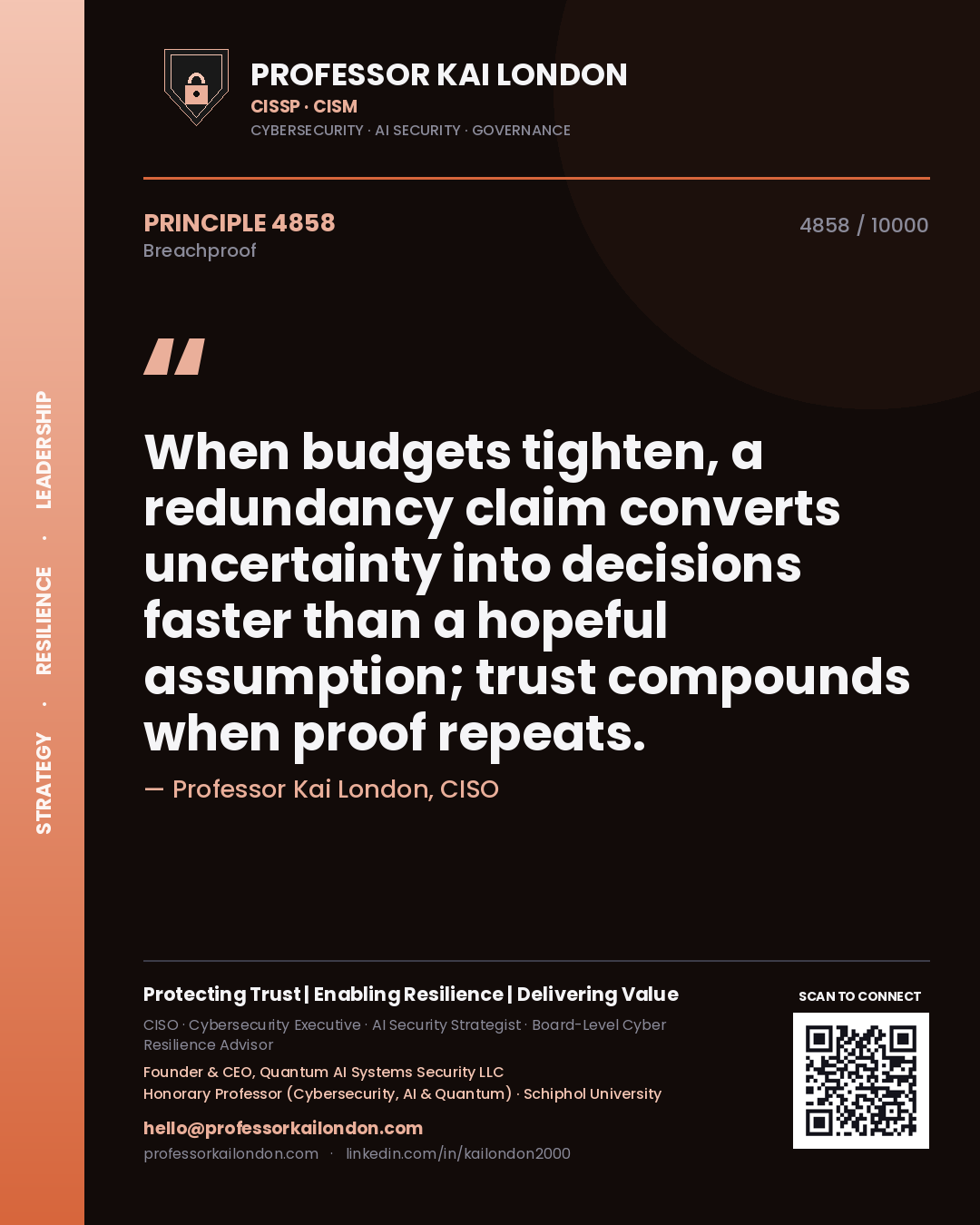 Professor Kai London principle 4858: When budgets tighten, a redundancy claim converts uncertainty into decisions faster than a hopeful assumption; trust compounds when proof repeats.