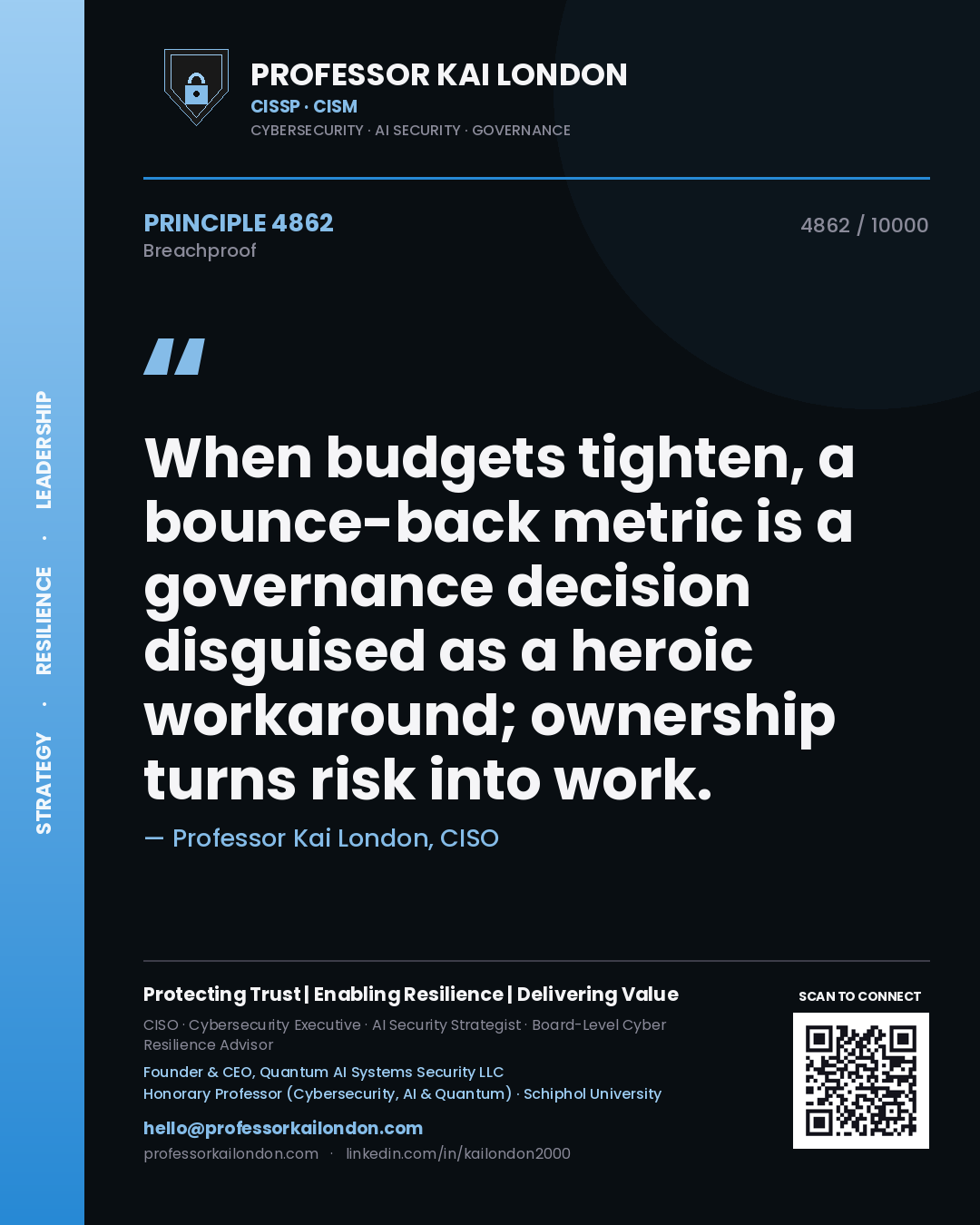 Professor Kai London principle 4862: When budgets tighten, a bounce-back metric is a governance decision disguised as a heroic workaround; ownership turns risk into work.