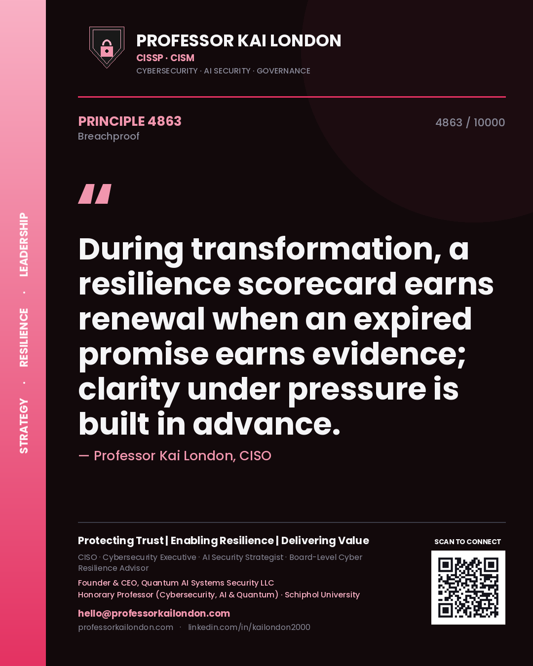 Quote card by Professor Kai London reading 'During transformation, a resilience scorecard earns renewal when an expired promise earns evidence; clarity under pressure is built in advance.'. From the book Breachproof.