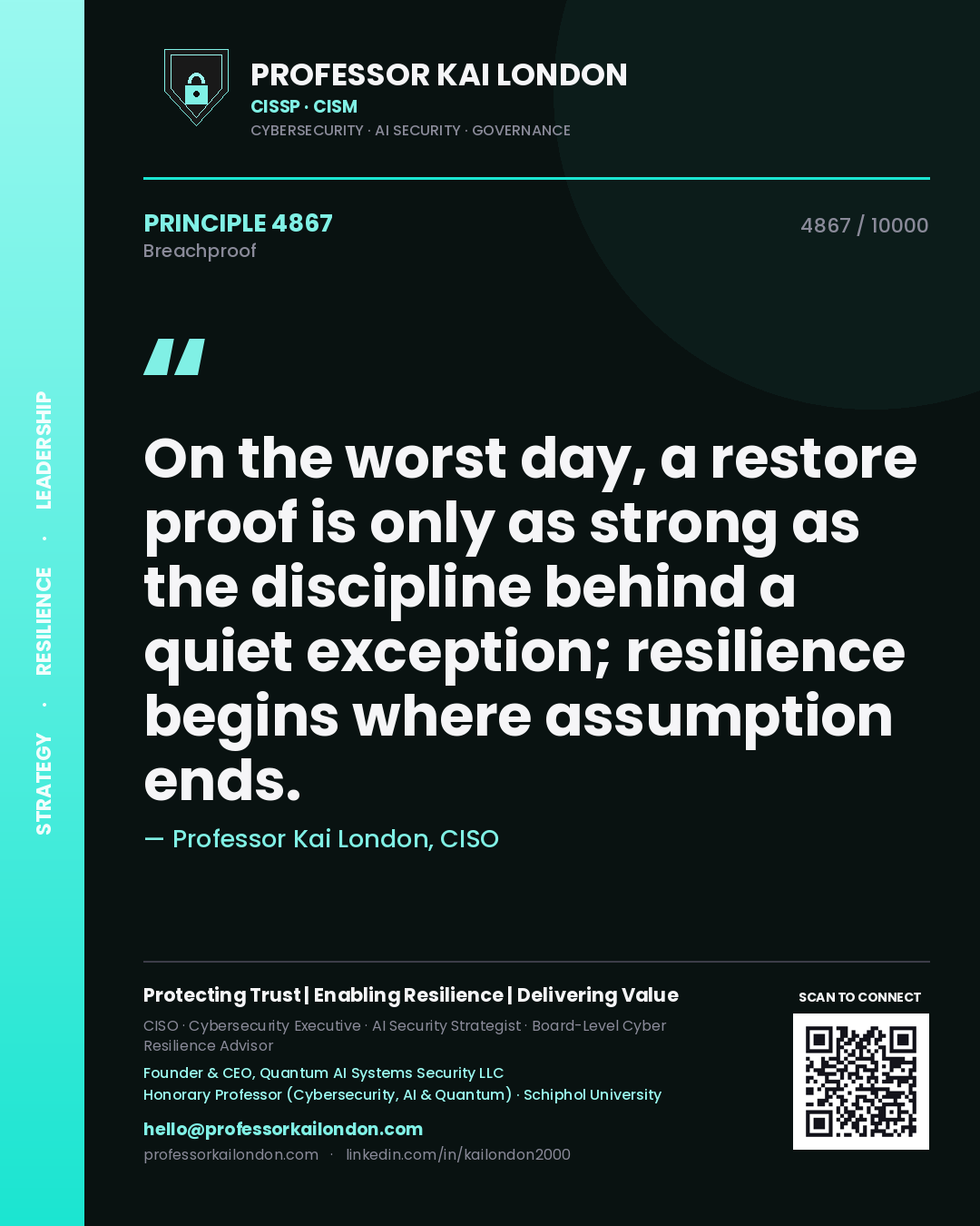 Quote card by Professor Kai London reading 'On the worst day, a restore proof is only as strong as the discipline behind a quiet exception; resilience begins where assumption ends.'. From the book Breachproof.