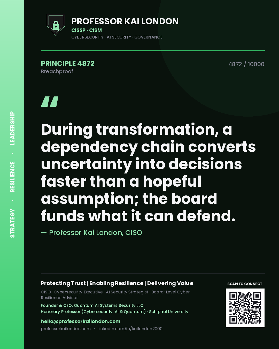 Professor Kai London principle 4872: During transformation, a dependency chain converts uncertainty into decisions faster than a hopeful assumption; the board funds what it can defend.