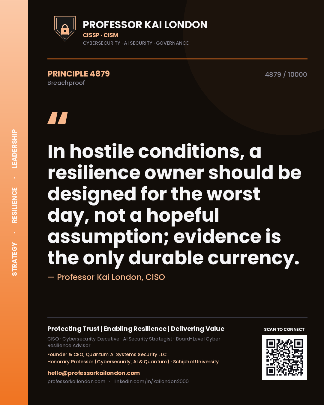 Quote card by Professor Kai London reading 'In hostile conditions, a resilience owner should be designed for the worst day, not a hopeful assumption; evidence is the only durable currency.'. From the book Breachproof.