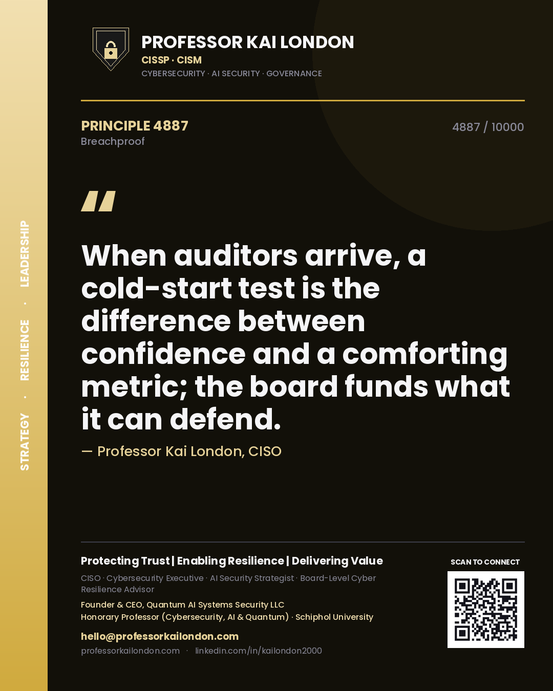 Professor Kai London principle 4887: When auditors arrive, a cold-start test is the difference between confidence and a comforting metric; the board funds what it can defend.