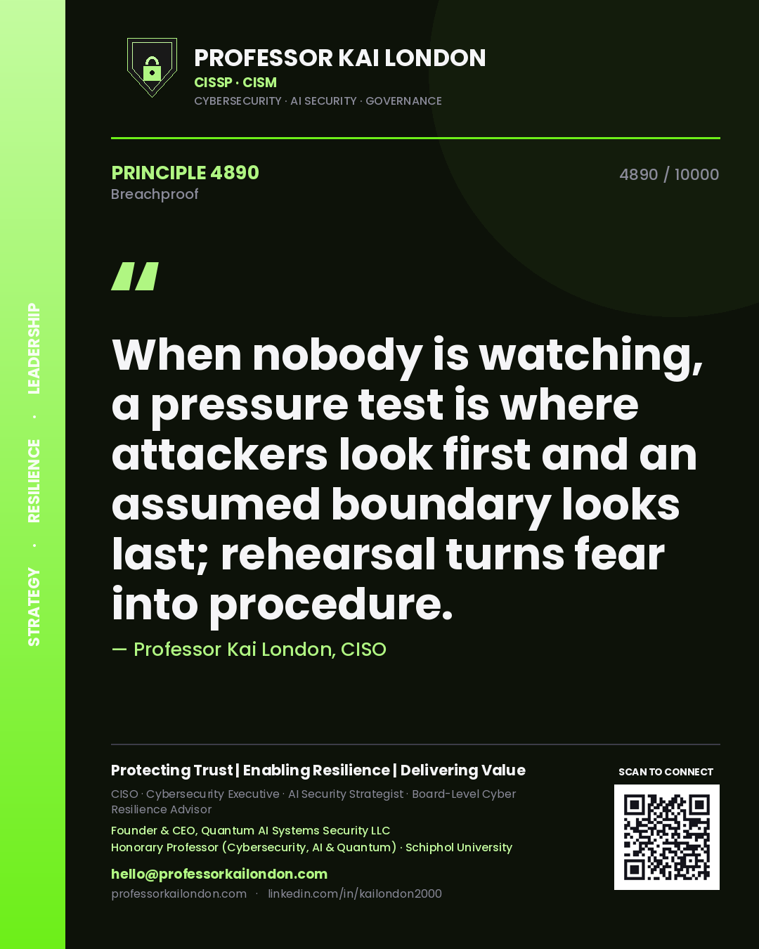 Professor Kai London principle 4890: When nobody is watching, a pressure test is where attackers look first and an assumed boundary looks last; rehearsal turns fear into procedure.