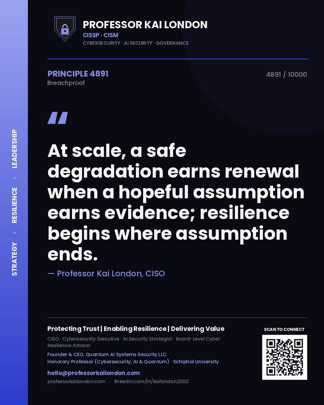 Quote card by Professor Kai London reading 'At scale, a safe degradation earns renewal when a hopeful assumption earns evidence; resilience begins where assumption ends.'. From the book Breachproof.