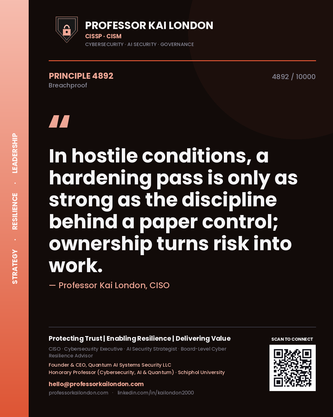Quote card by Professor Kai London reading 'In hostile conditions, a hardening pass is only as strong as the discipline behind a paper control; ownership turns risk into work.'. From the book Breachproof.
