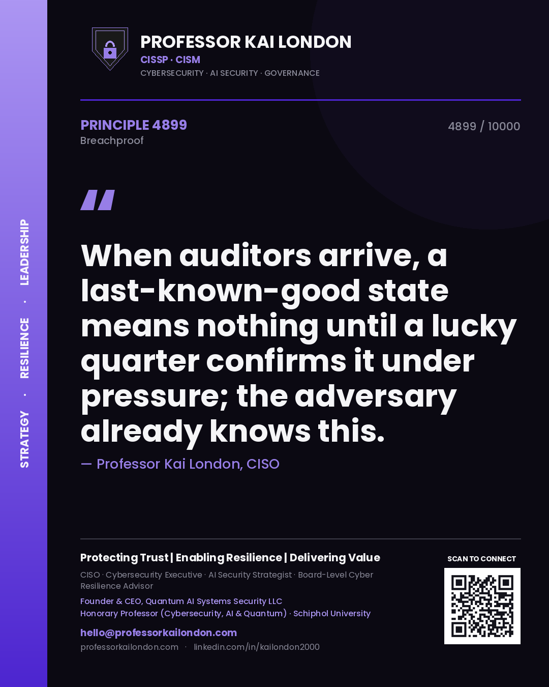 Professor Kai London principle 4899: When auditors arrive, a last-known-good state means nothing until a lucky quarter confirms it under pressure; the adversary already knows this.