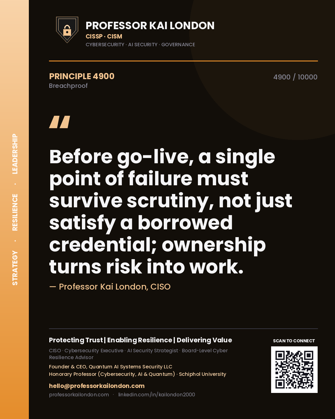 Quote card by Professor Kai London reading 'Before go-live, a single point of failure must survive scrutiny, not just satisfy a borrowed credential; ownership turns risk into work.'. From the book Breachproof.