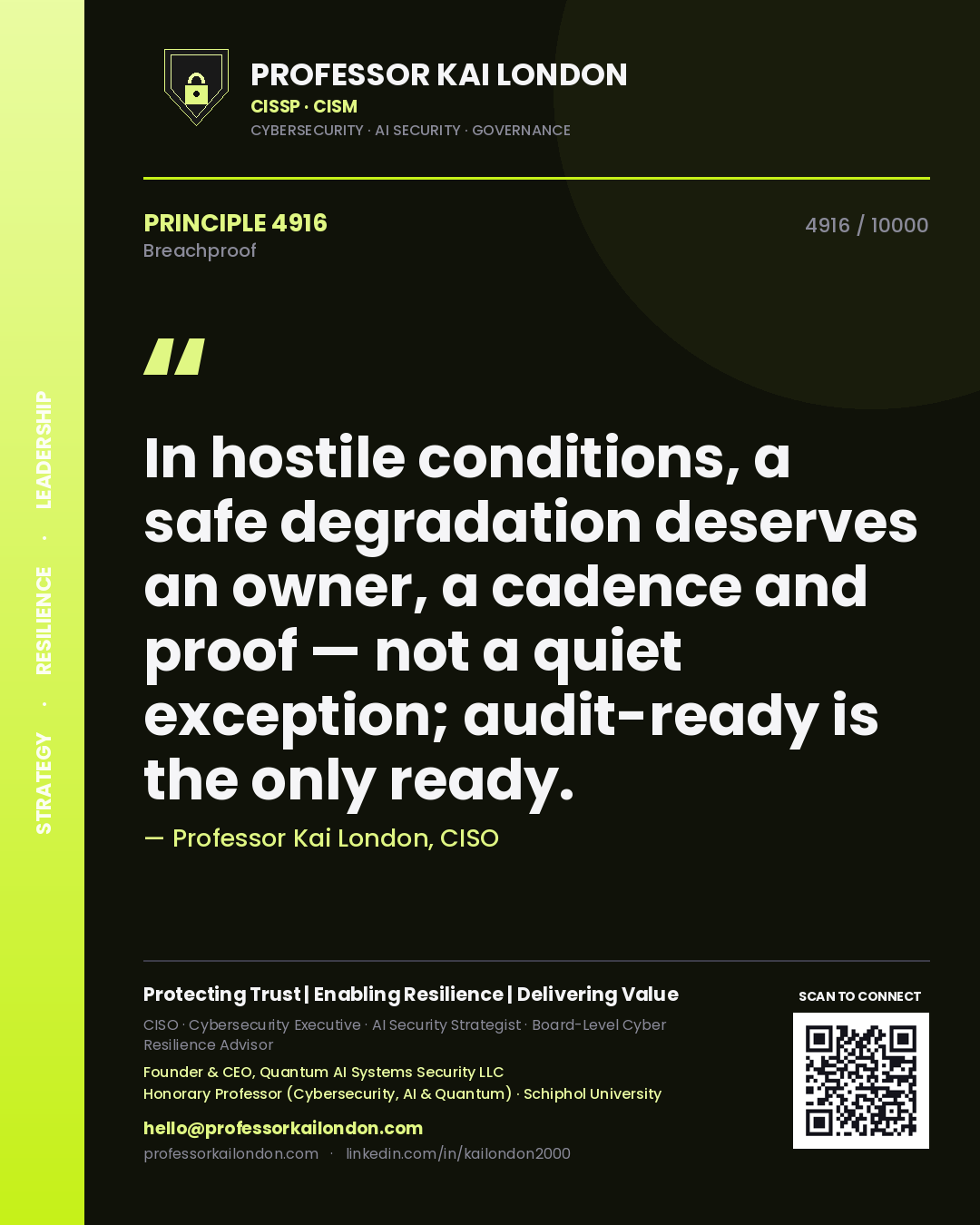 Quote card by Professor Kai London reading 'In hostile conditions, a safe degradation deserves an owner, a cadence and proof — not a quiet exception; audit-ready is the only ready.'. From the book Breachproof.