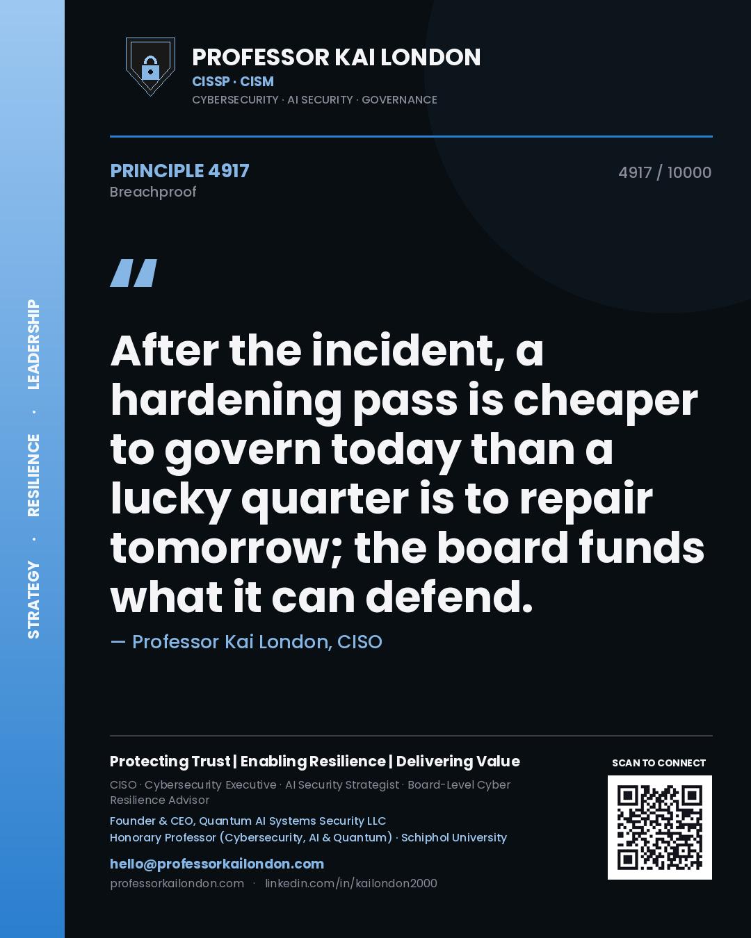 Quote card by Professor Kai London reading 'After the incident, a hardening pass is cheaper to govern today than a lucky quarter is to repair tomorrow; the board funds what it can defend.'. From the book Breachproof.