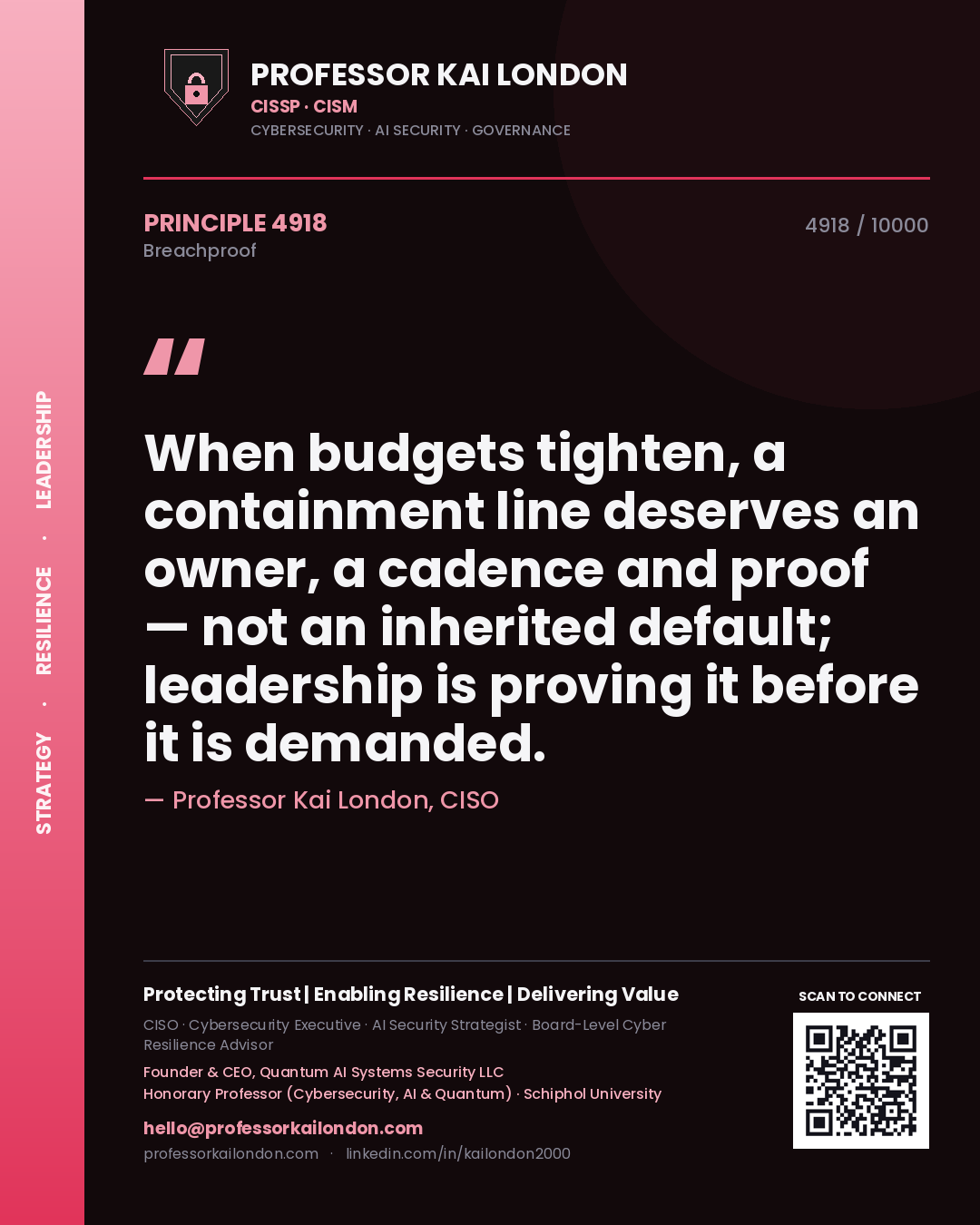 Professor Kai London principle 4918: When budgets tighten, a containment line deserves an owner, a cadence and proof — not an inherited default; leadership is proving it before it is demanded.