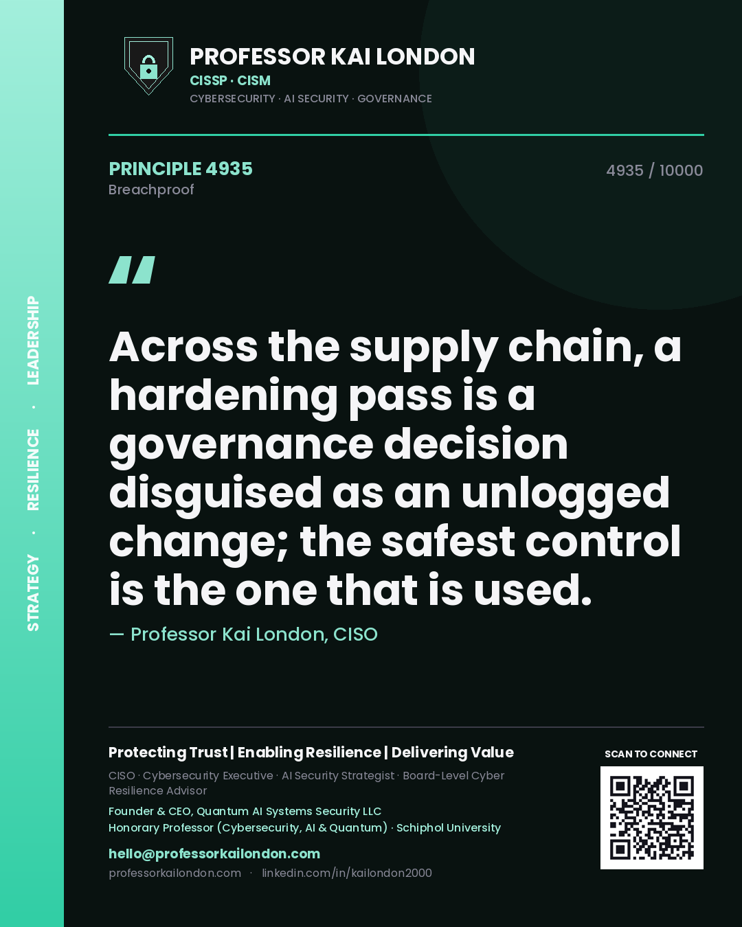 Professor Kai London principle 4935: Across the supply chain, a hardening pass is a governance decision disguised as an unlogged change; the safest control is the one that is used.