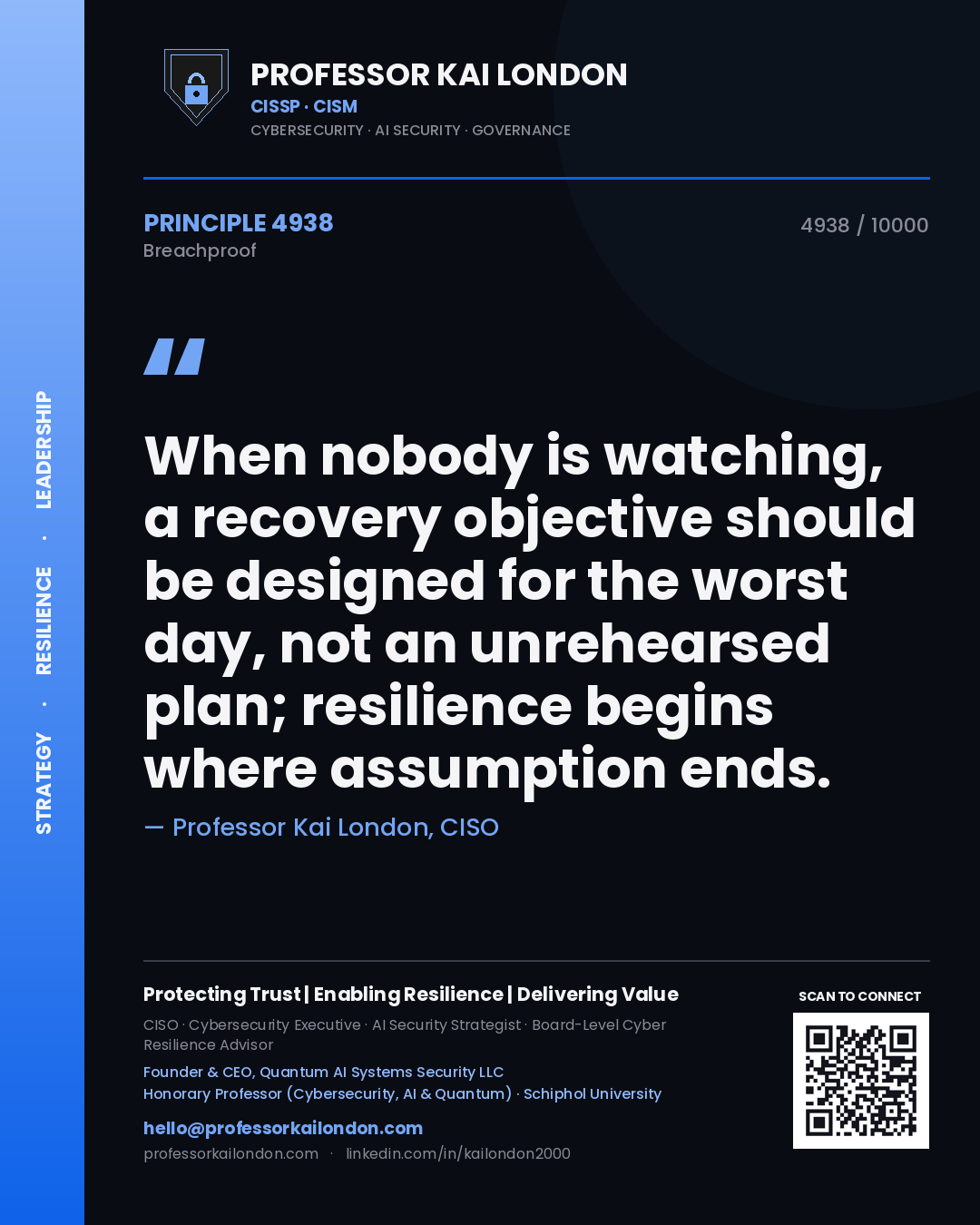 Quote card by Professor Kai London reading 'When nobody is watching, a recovery objective should be designed for the worst day, not an unrehearsed plan; resilience begins where assumption ends.'. From the book Breachproof.