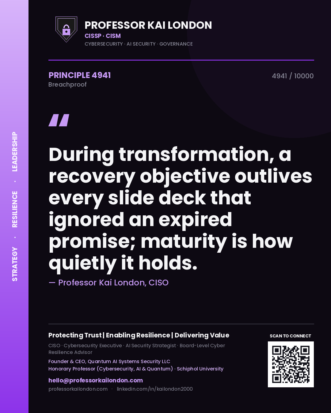 Professor Kai London principle 4941: During transformation, a recovery objective outlives every slide deck that ignored an expired promise; maturity is how quietly it holds.