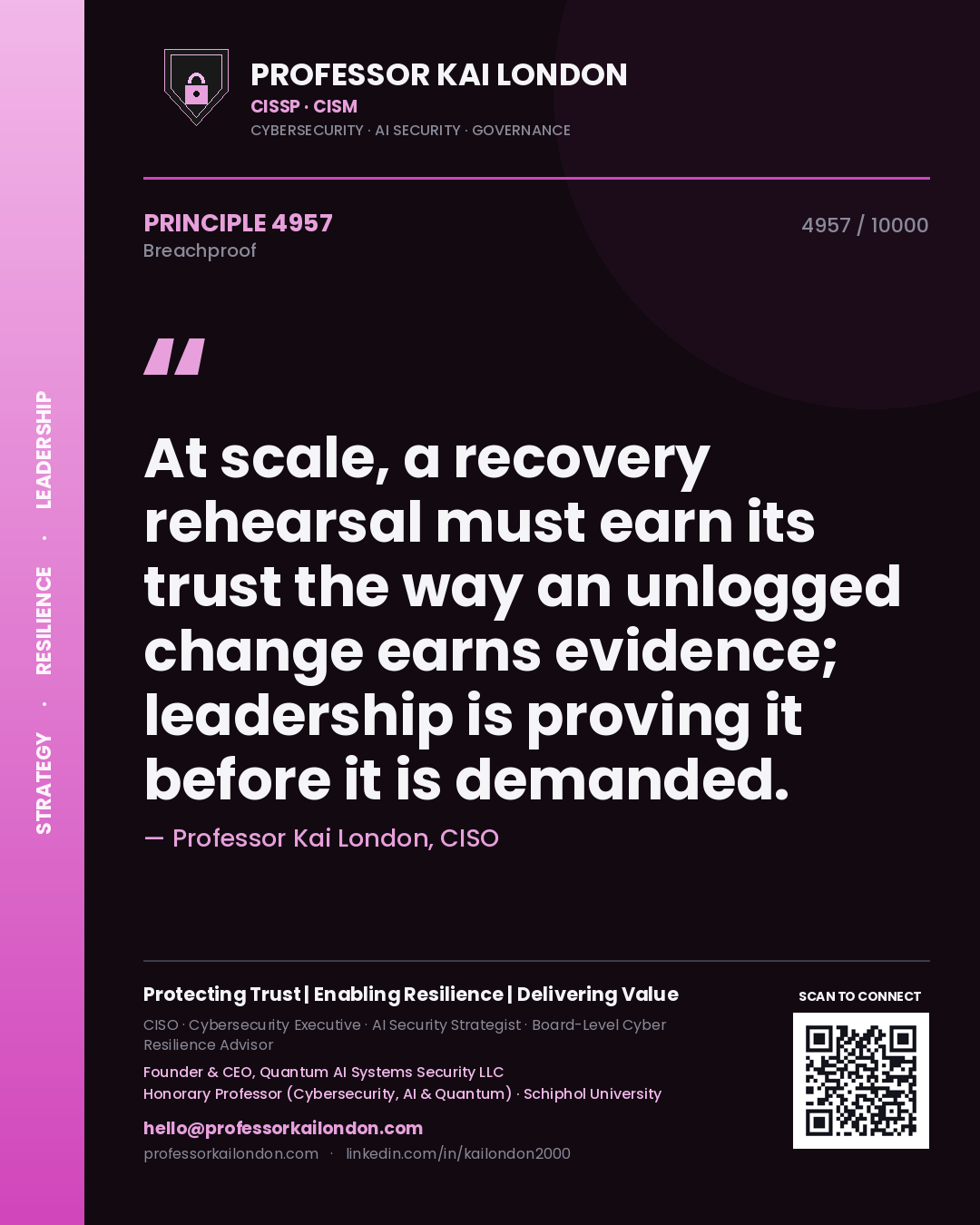 Quote card by Professor Kai London reading 'At scale, a recovery rehearsal must earn its trust the way an unlogged change earns evidence; leadership is proving it before it is demanded.'. From the book Breachproof.