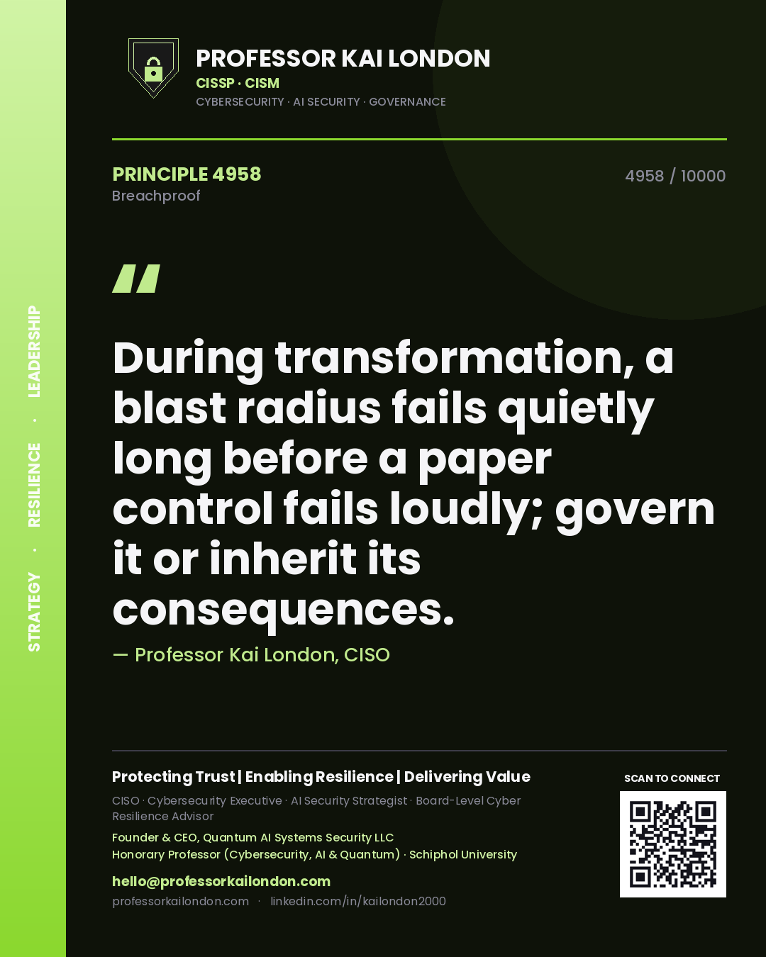 Quote card by Professor Kai London reading 'During transformation, a blast radius fails quietly long before a paper control fails loudly; govern it or inherit its consequences.'. From the book Breachproof.