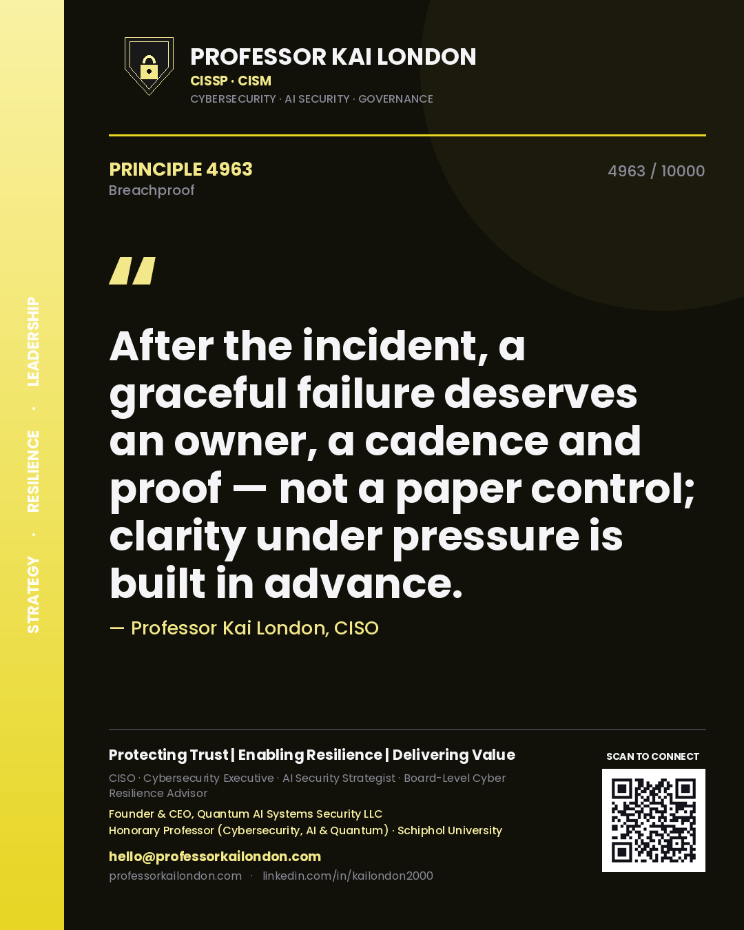 Professor Kai London principle 4963: After the incident, a graceful failure deserves an owner, a cadence and proof — not a paper control; clarity under pressure is built in advance.