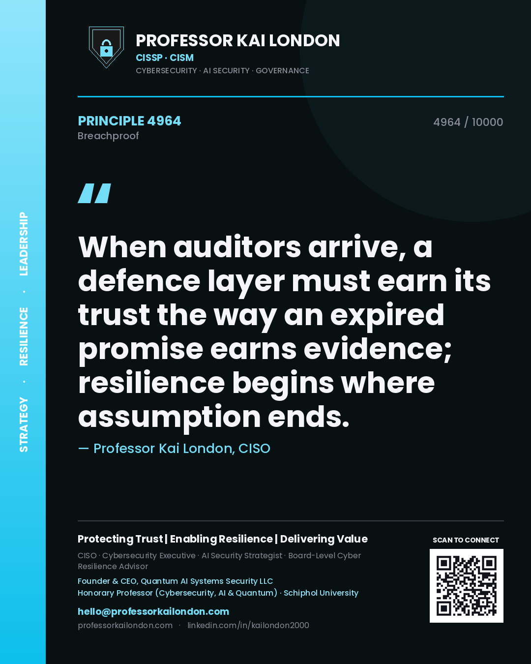 Professor Kai London principle 4964: When auditors arrive, a defence layer must earn its trust the way an expired promise earns evidence; resilience begins where assumption ends.
