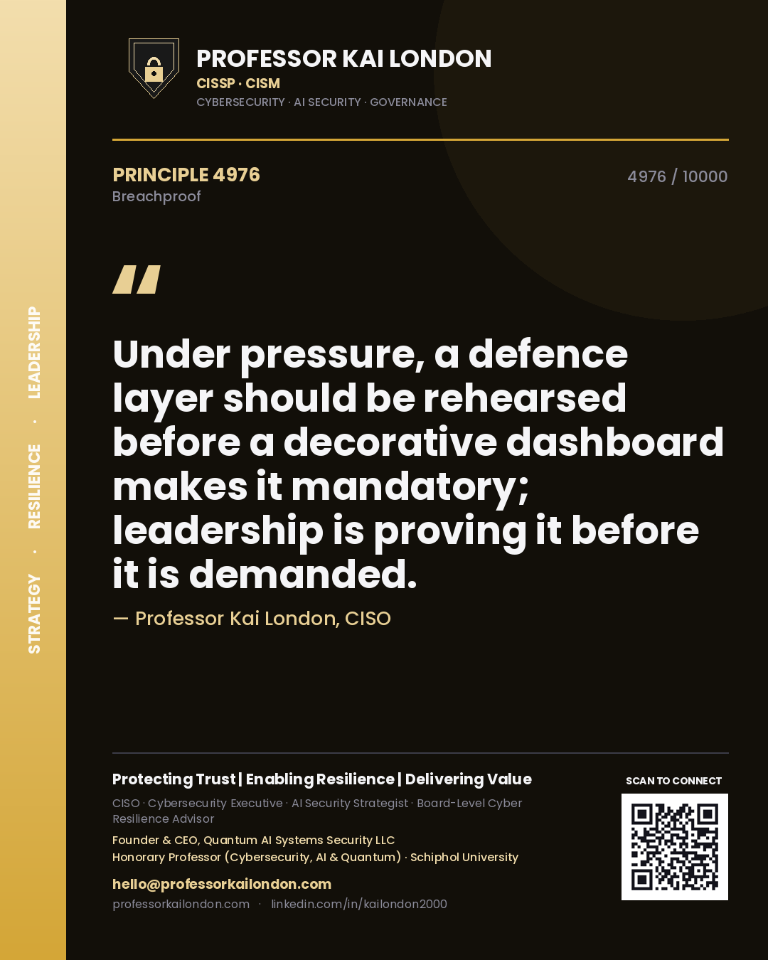 Professor Kai London principle 4976: Under pressure, a defence layer should be rehearsed before a decorative dashboard makes it mandatory; leadership is proving it before it is demanded.