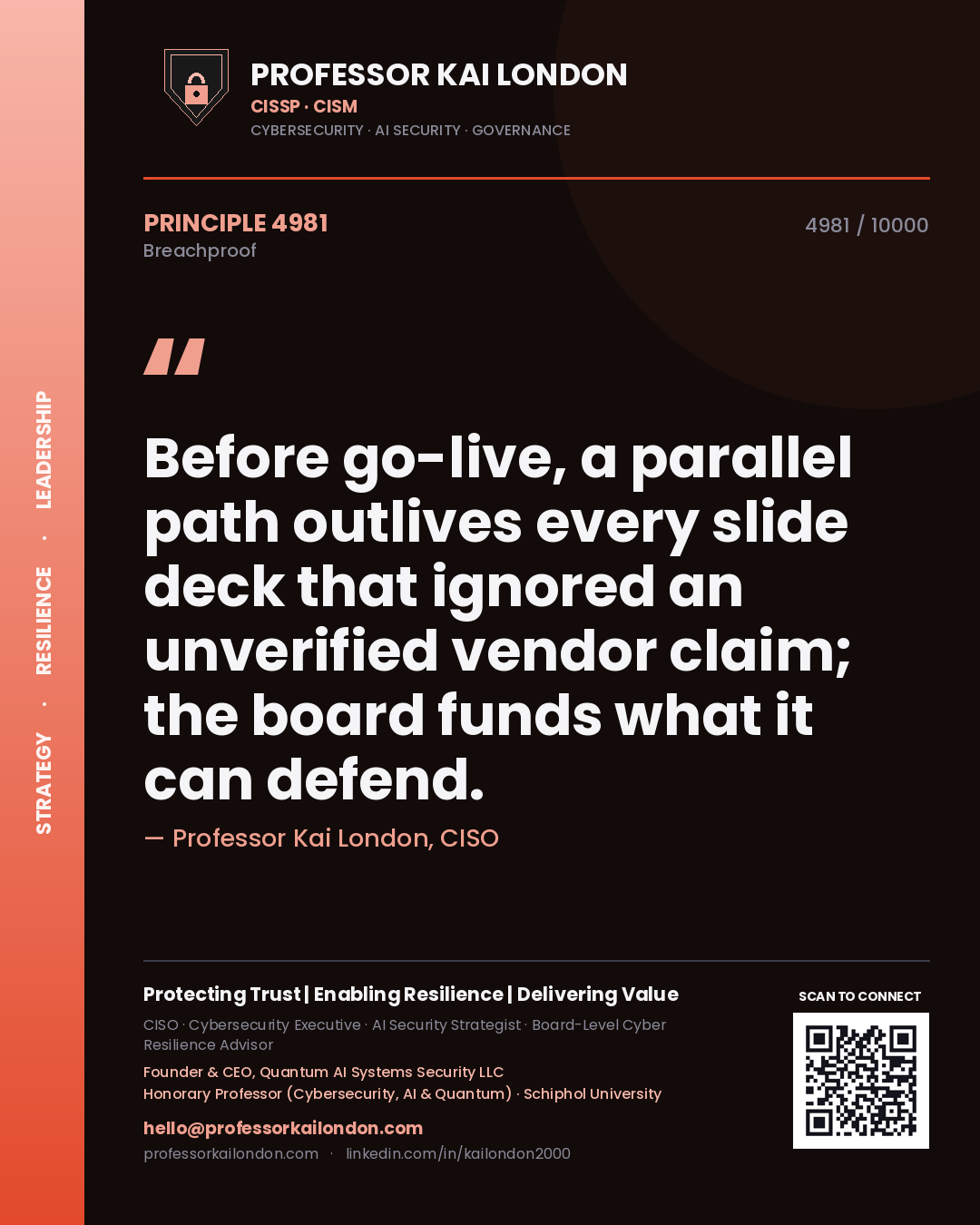 Quote card by Professor Kai London reading 'Before go-live, a parallel path outlives every slide deck that ignored an unverified vendor claim; the board funds what it can defend.'. From the book Breachproof.