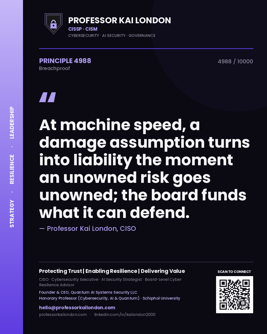 Quote card by Professor Kai London reading 'At machine speed, a damage assumption turns into liability the moment an unowned risk goes unowned; the board funds what it can defend.'. From the book Breachproof.