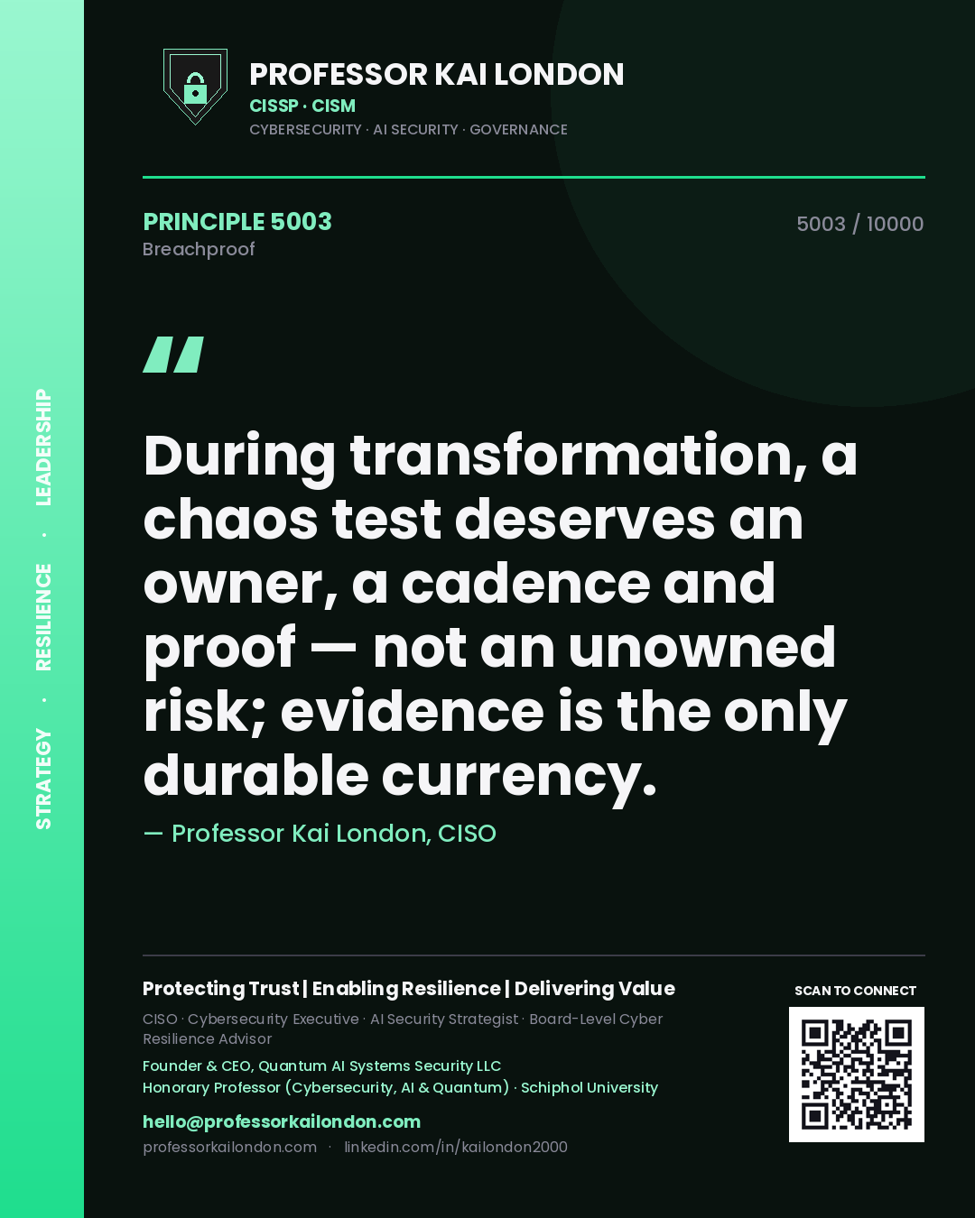 Quote card by Professor Kai London reading 'During transformation, a chaos test deserves an owner, a cadence and proof — not an unowned risk; evidence is the only durable currency.'. From the book Breachproof.