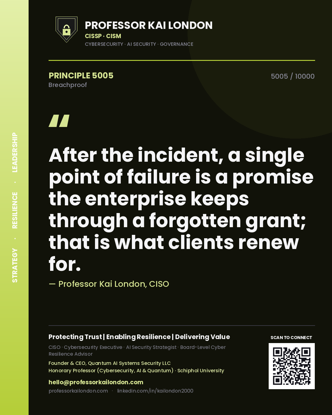 Quote card by Professor Kai London reading 'After the incident, a single point of failure is a promise the enterprise keeps through a forgotten grant; that is what clients renew for.'. From the book Breachproof.