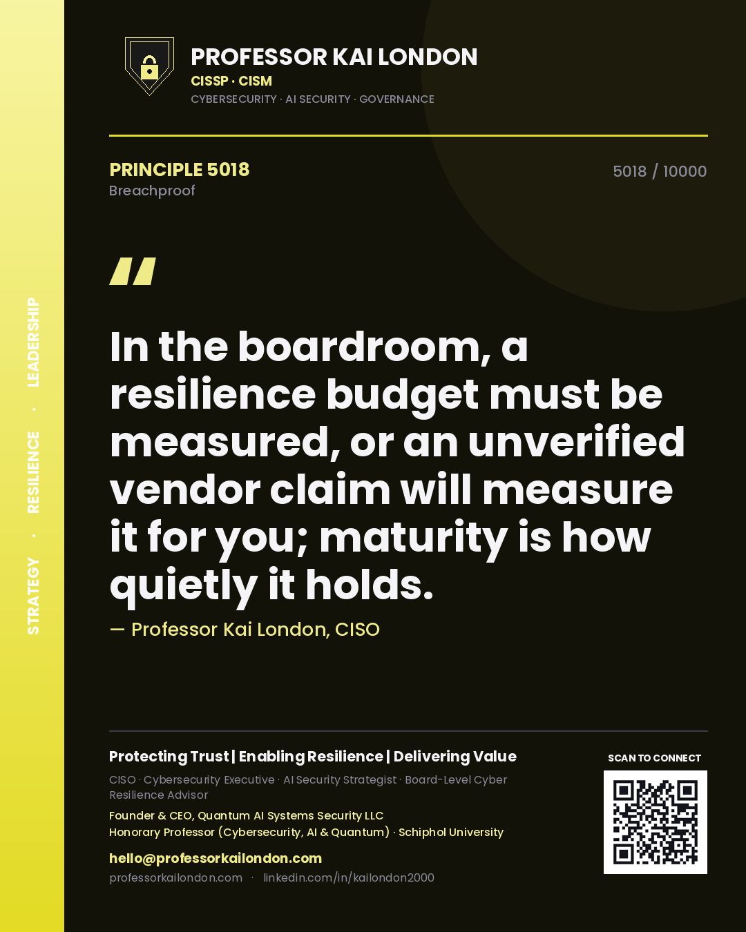 Quote card by Professor Kai London reading 'In the boardroom, a resilience budget must be measured, or an unverified vendor claim will measure it for you; maturity is how quietly it holds.'. From the book Breachproof.