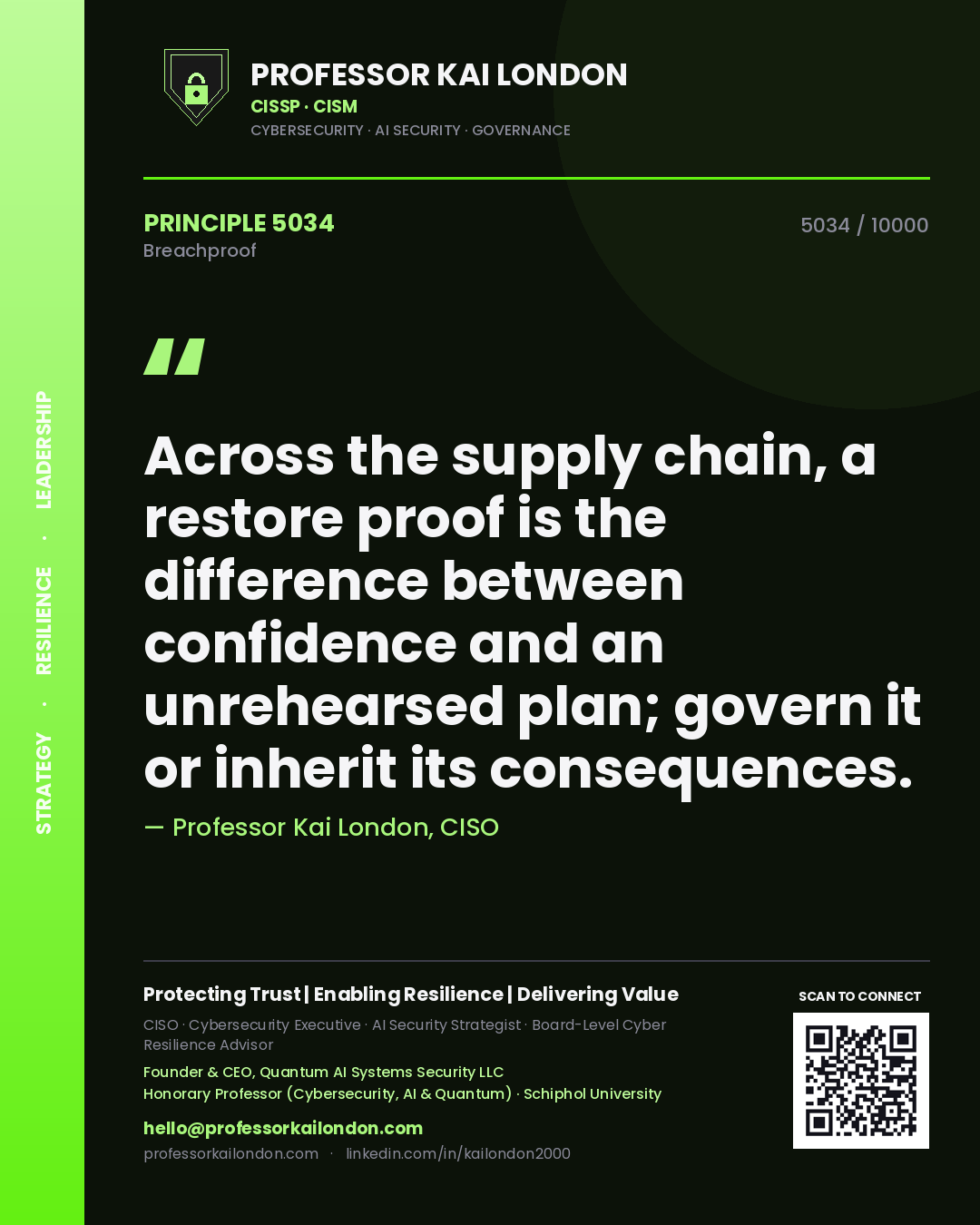 Professor Kai London principle 5034: Across the supply chain, a restore proof is the difference between confidence and an unrehearsed plan; govern it or inherit its consequences.