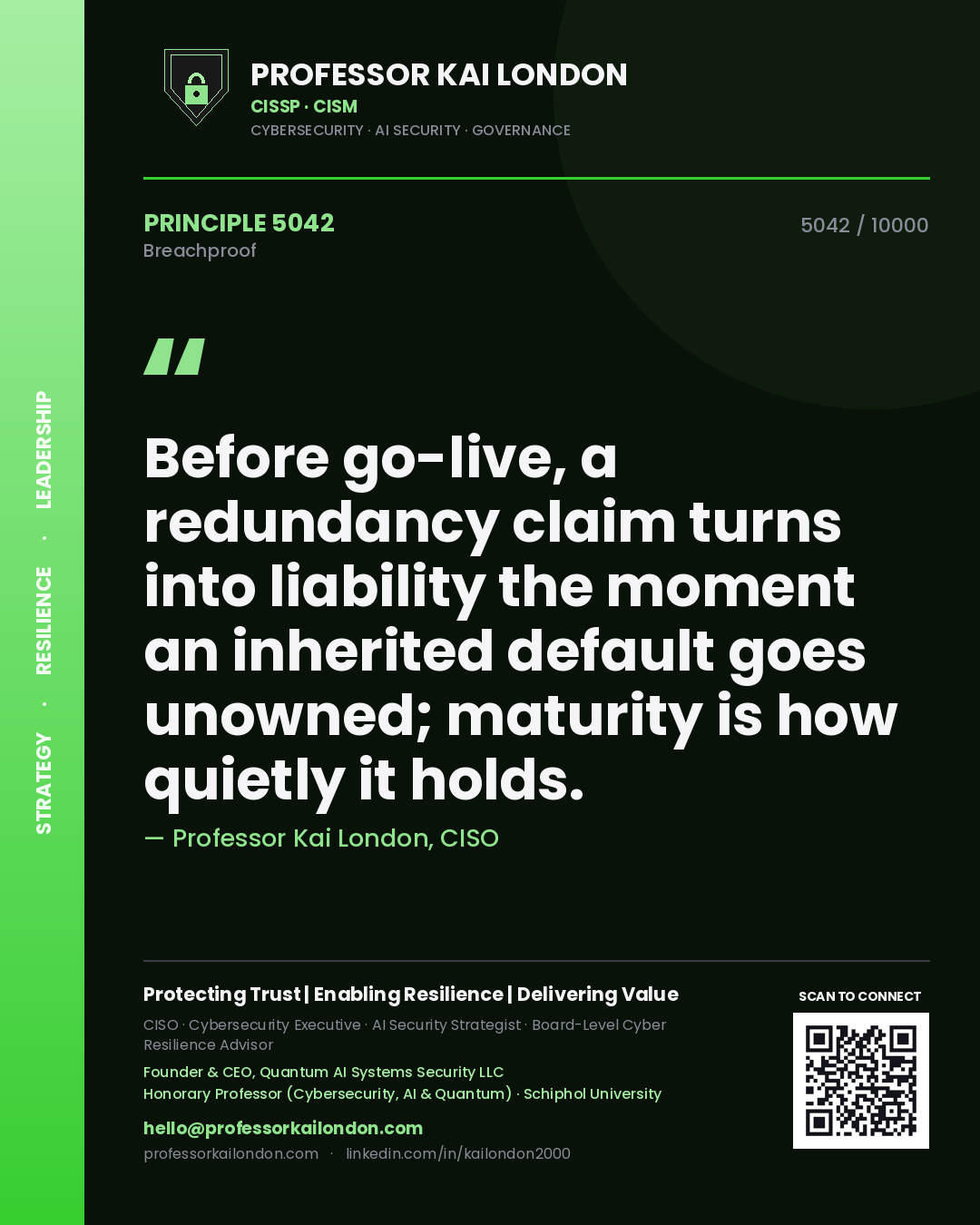 Professor Kai London principle 5042: Before go-live, a redundancy claim turns into liability the moment an inherited default goes unowned; maturity is how quietly it holds.