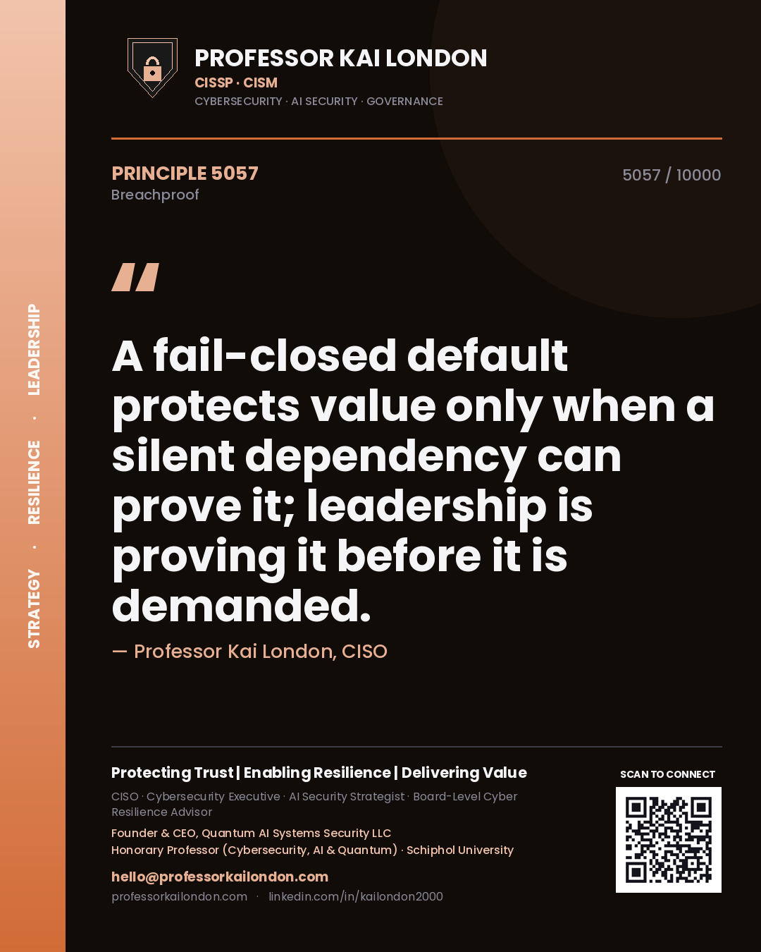 Professor Kai London principle 5057: A fail-closed default protects value only when a silent dependency can prove it; leadership is proving it before it is demanded.