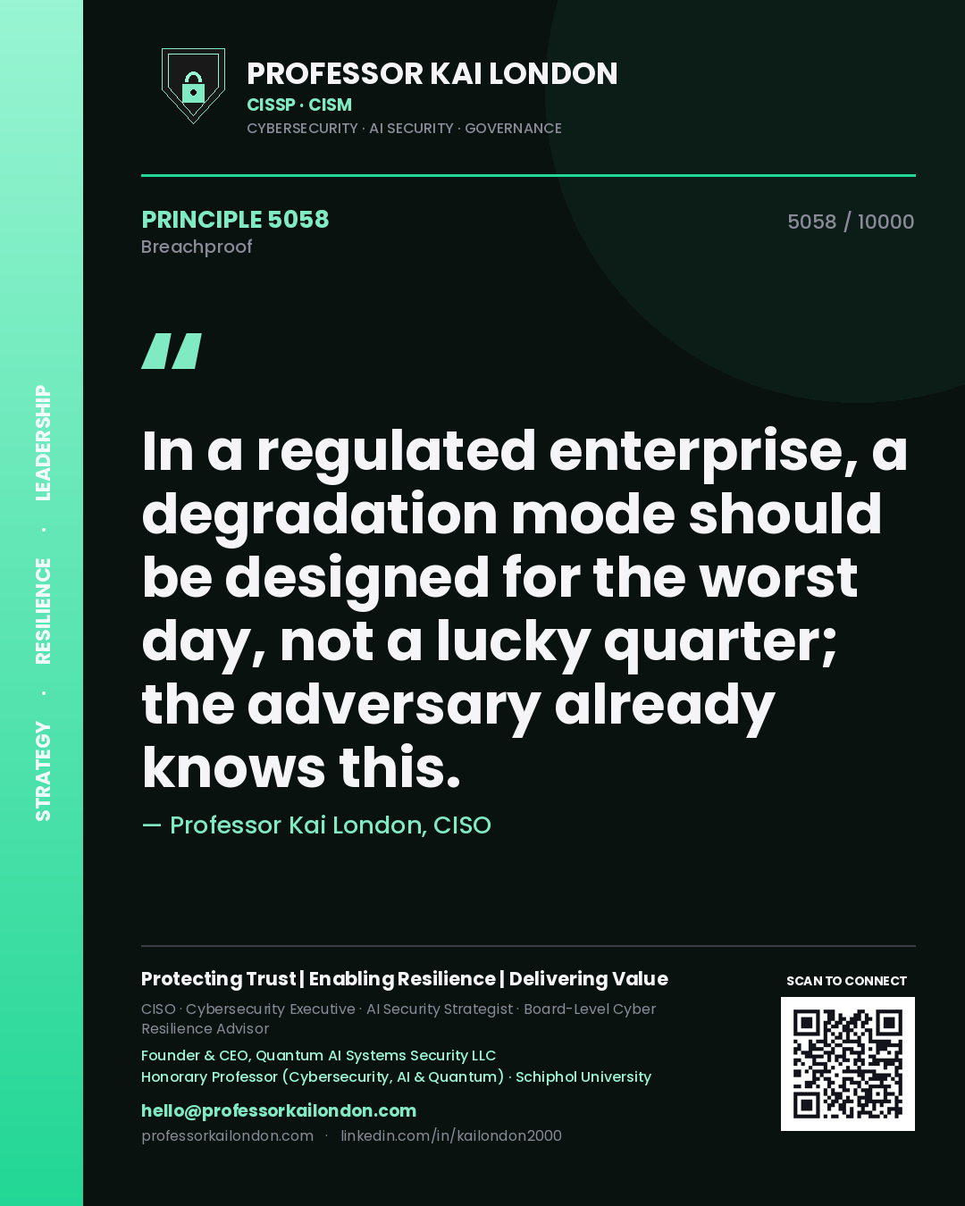Quote card by Professor Kai London reading 'In a regulated enterprise, a degradation mode should be designed for the worst day, not a lucky quarter; the adversary already knows this.'. From the book Breachproof.