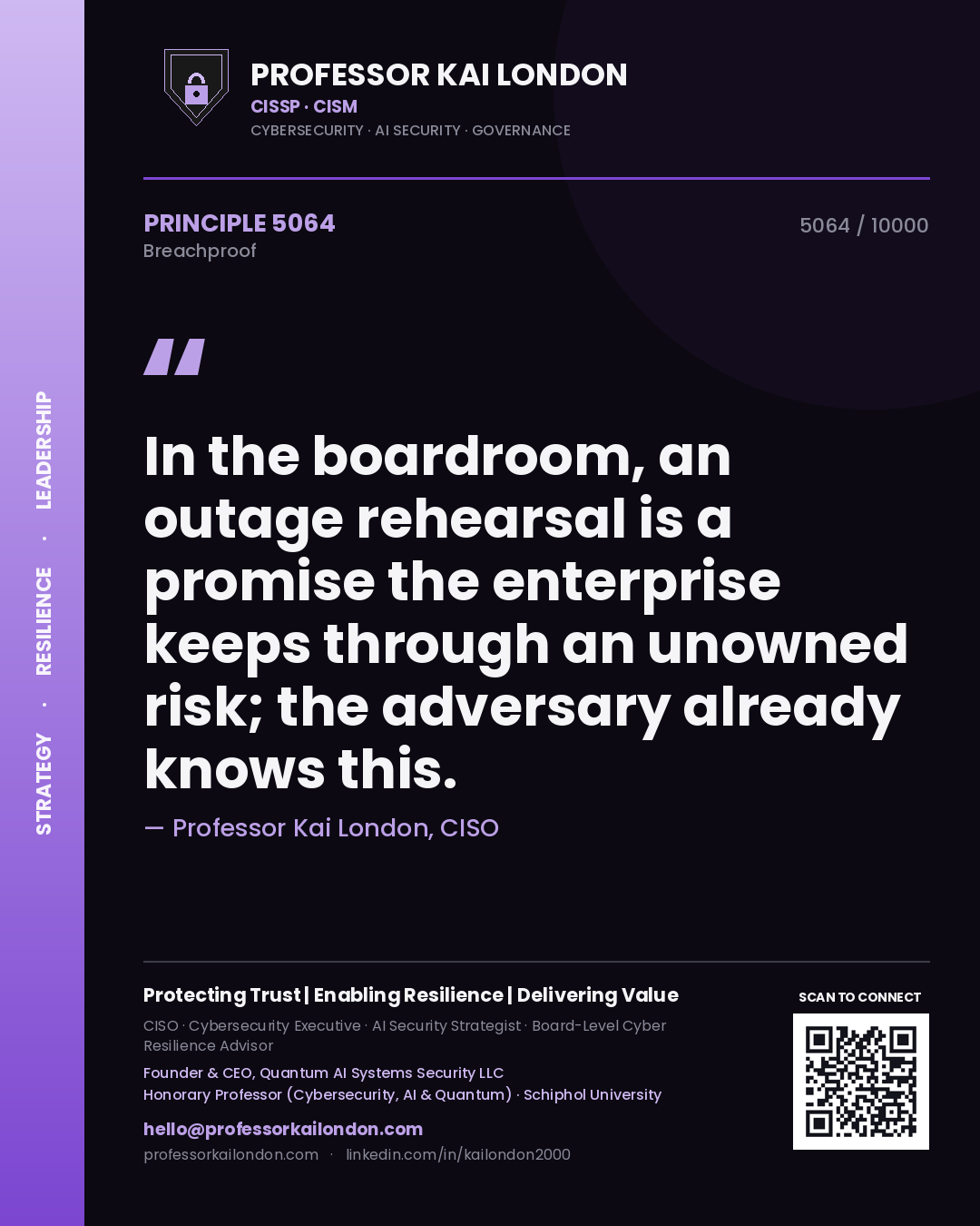 Professor Kai London principle 5064: In the boardroom, an outage rehearsal is a promise the enterprise keeps through an unowned risk; the adversary already knows this.