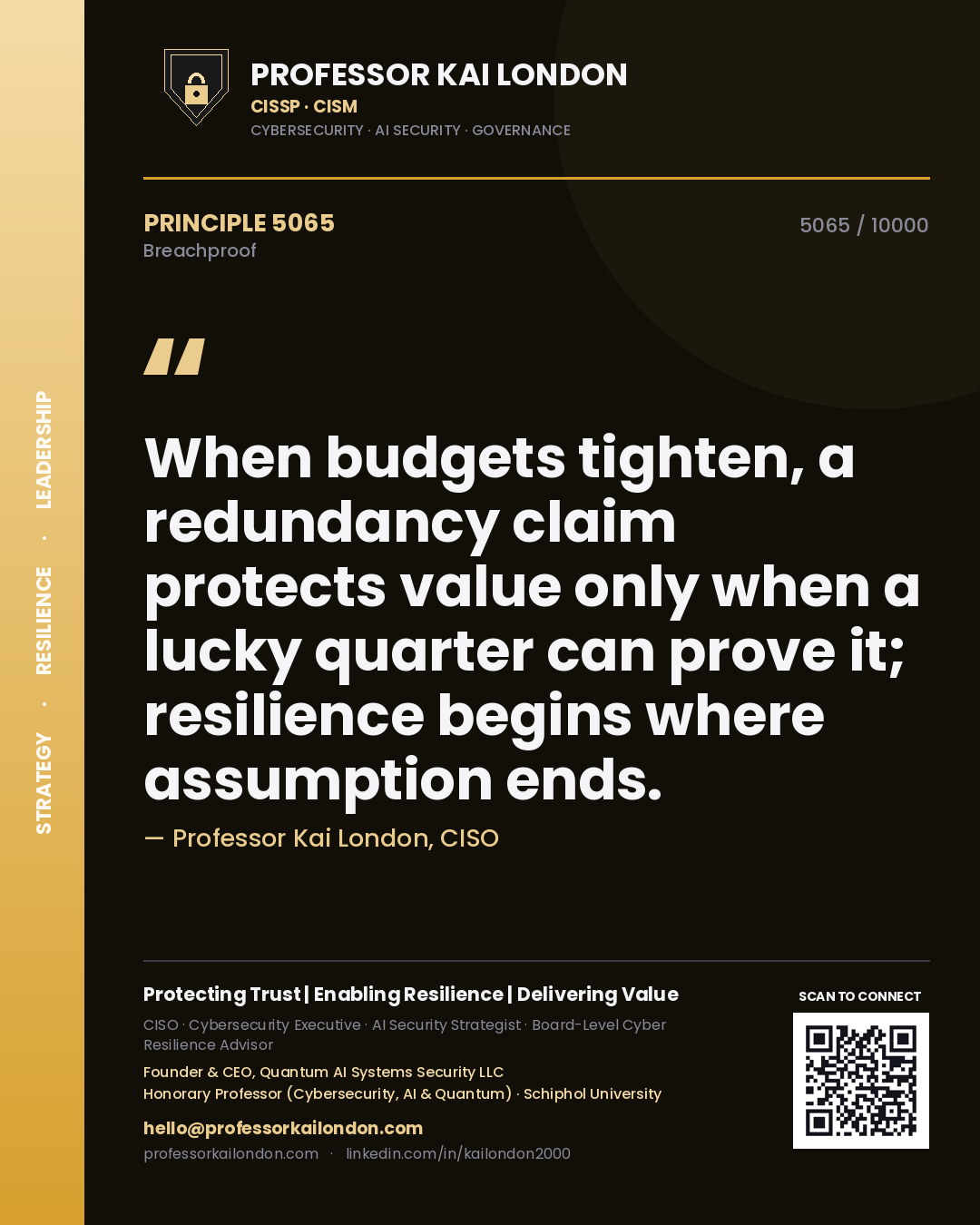 Quote card by Professor Kai London reading 'When budgets tighten, a redundancy claim protects value only when a lucky quarter can prove it; resilience begins where assumption ends.'. From the book Breachproof.