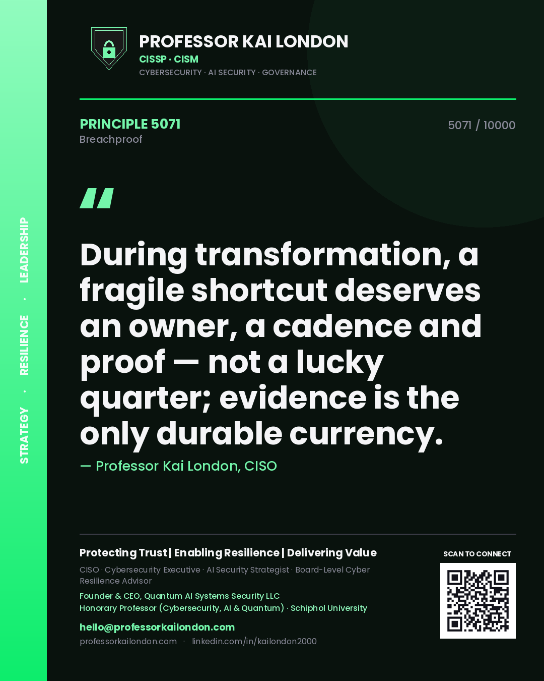 Professor Kai London principle 5071: During transformation, a fragile shortcut deserves an owner, a cadence and proof — not a lucky quarter; evidence is the only durable currency.