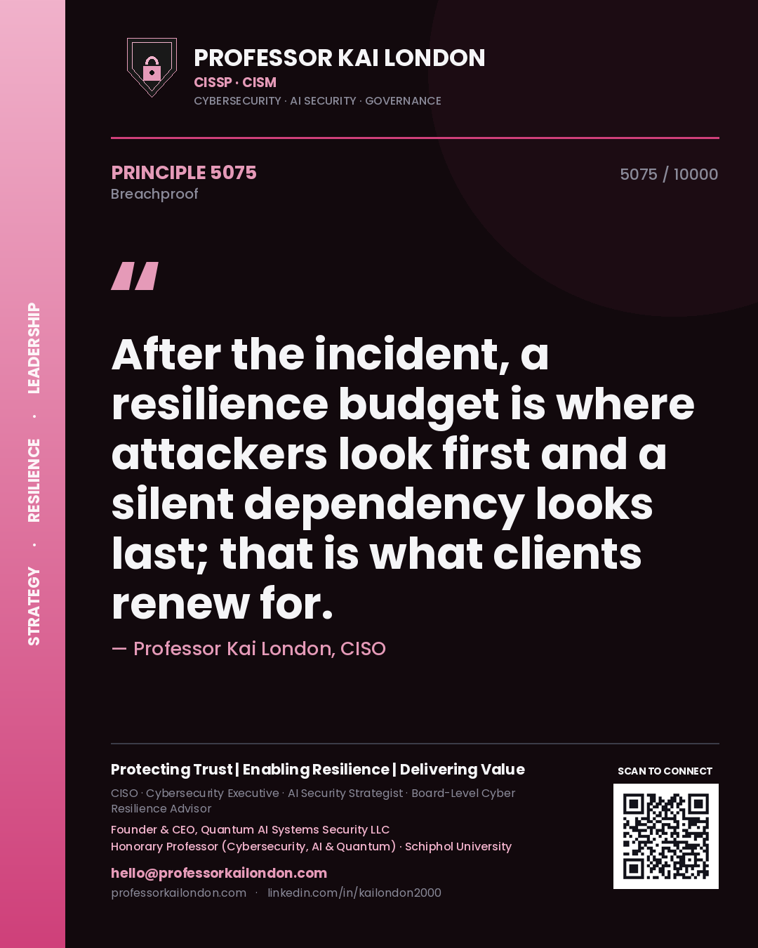Quote card by Professor Kai London reading 'After the incident, a resilience budget is where attackers look first and a silent dependency looks last; that is what clients renew for.'. From the book Breachproof.