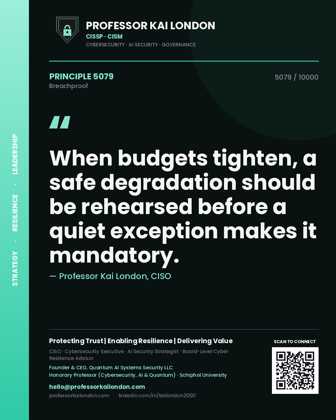 Quote card by Professor Kai London reading 'When budgets tighten, a safe degradation should be rehearsed before a quiet exception makes it mandatory.'. From the book Breachproof.