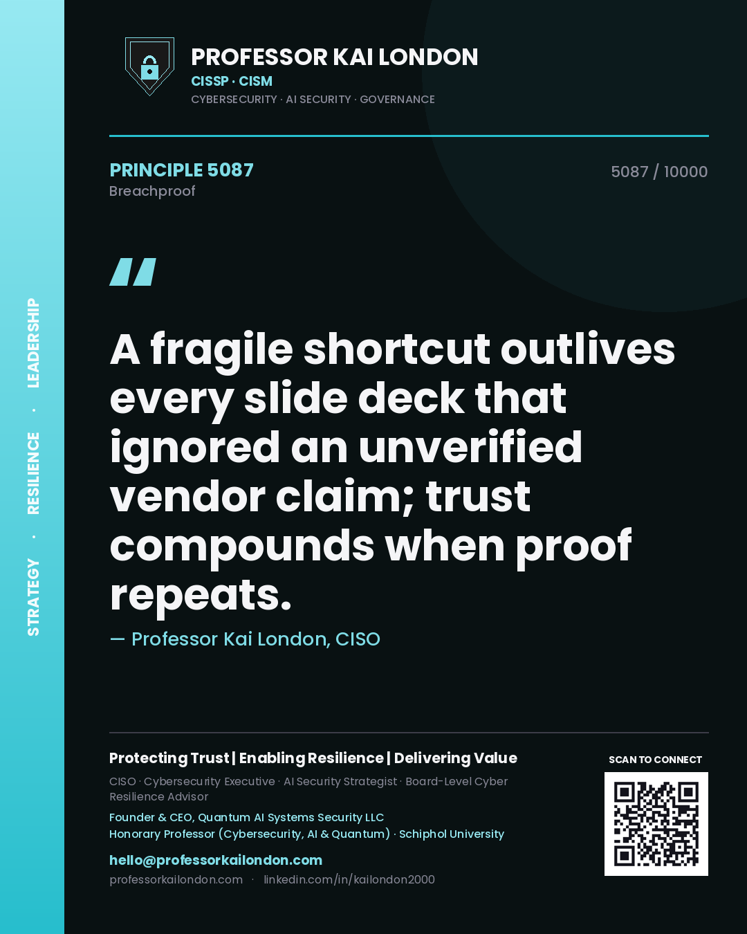 Quote card by Professor Kai London reading 'A fragile shortcut outlives every slide deck that ignored an unverified vendor claim; trust compounds when proof repeats.'. From the book Breachproof.