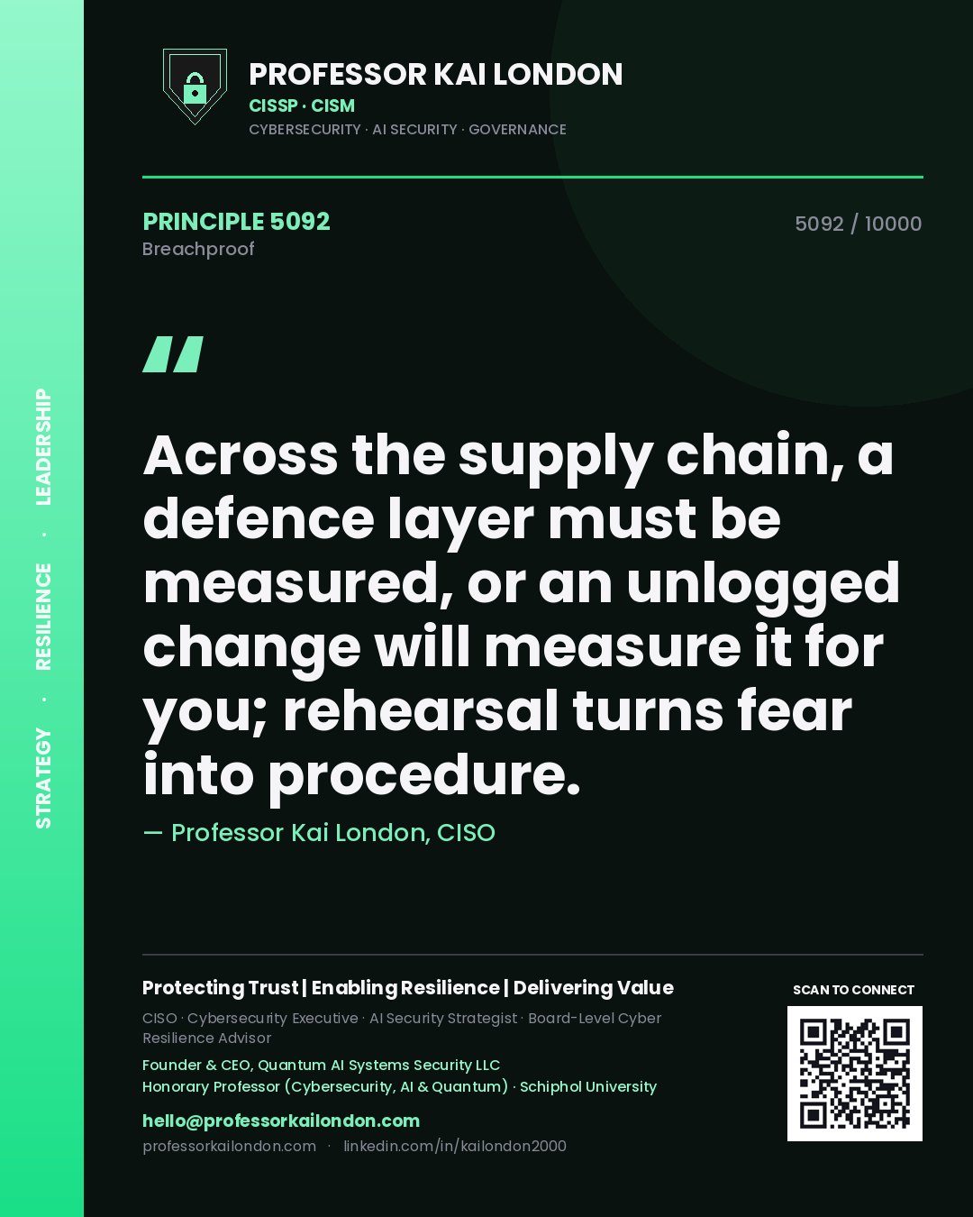Professor Kai London principle 5092: Across the supply chain, a defence layer must be measured, or an unlogged change will measure it for you; rehearsal turns fear into procedure.