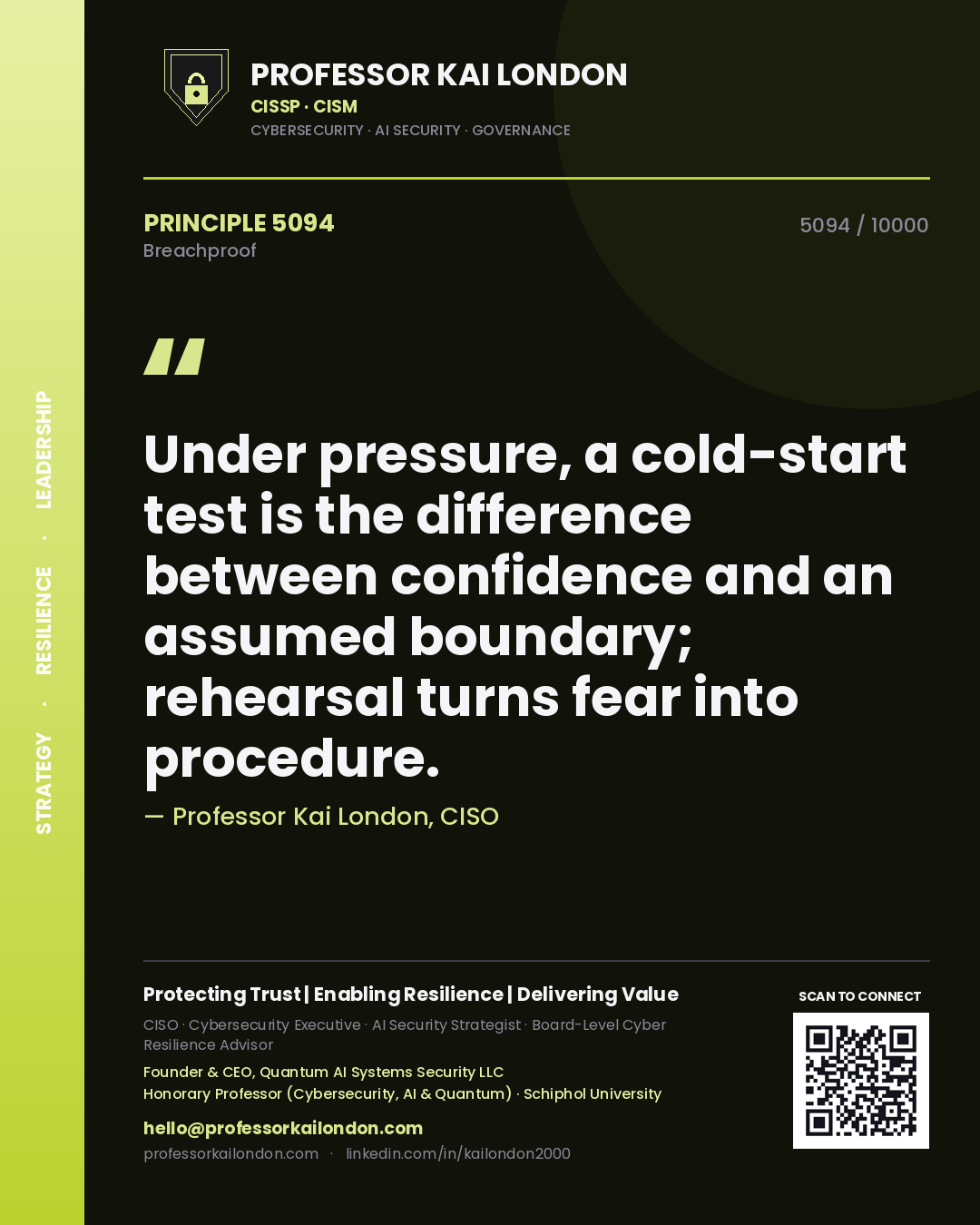Professor Kai London principle 5094: Under pressure, a cold-start test is the difference between confidence and an assumed boundary; rehearsal turns fear into procedure.